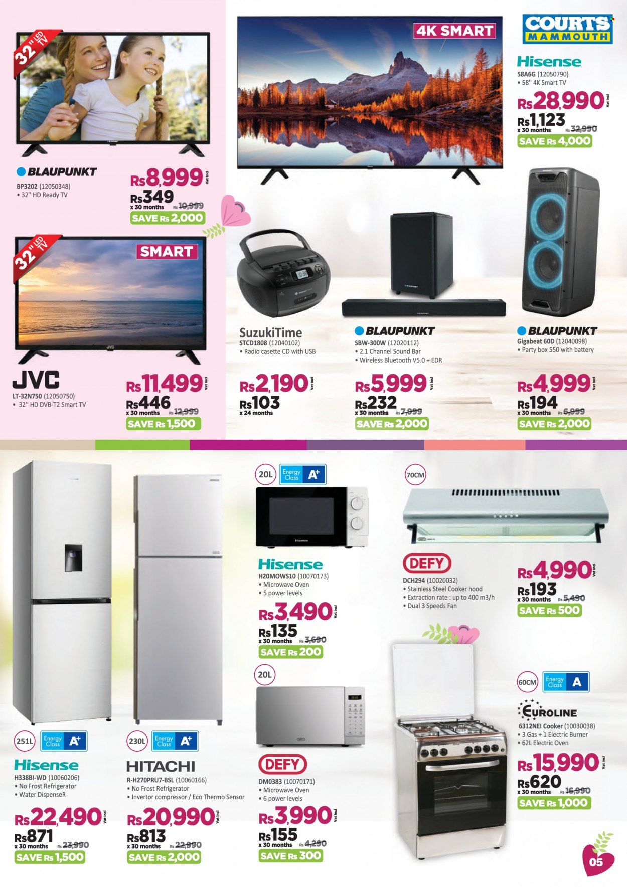 Courts Mammouth Catalogue - 1.05.2022 - 19.05.2022 - Sales products - dispenser, WD, JVC, TV, radio, sound bar, cooker hood, refrigerator, oven, microwave oven, Hitachi, water dispenser, smart tv, Hisense. Page 5.