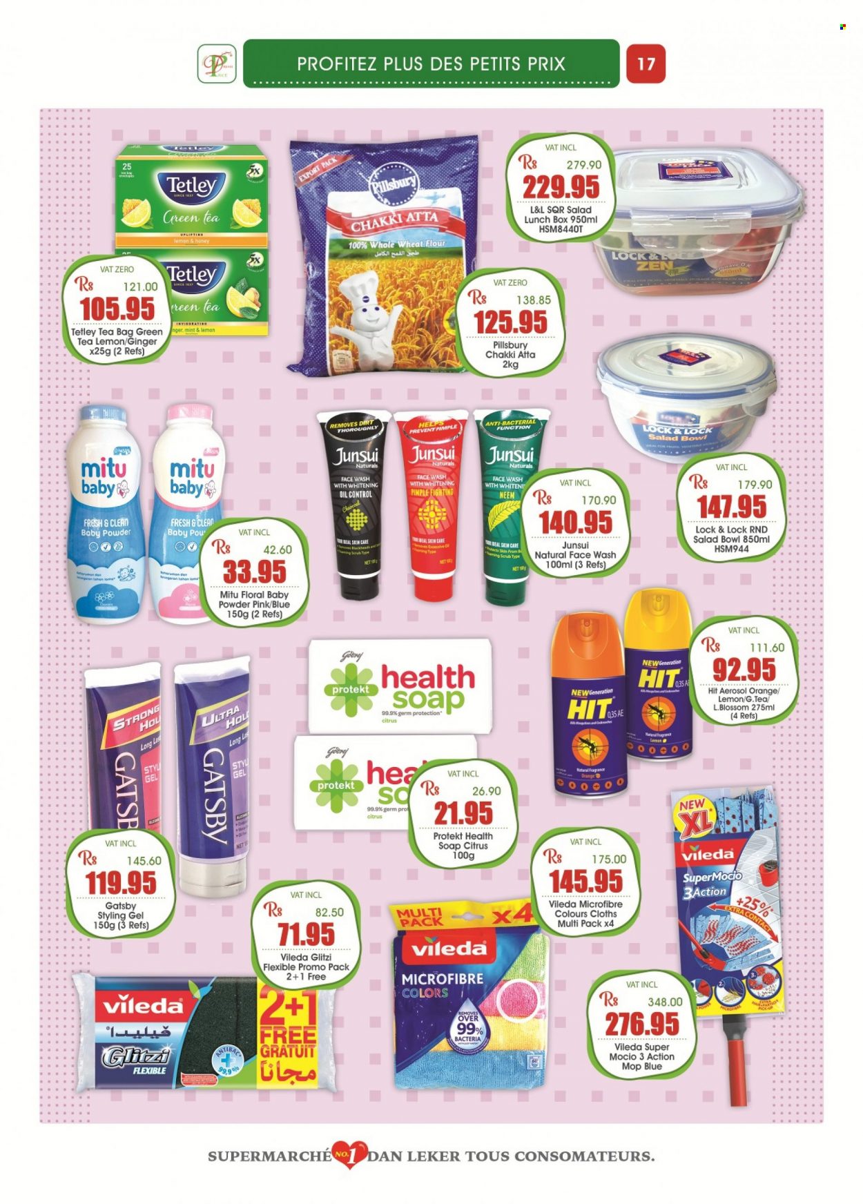 thumbnail - Dreamprice Catalogue - 19.08.2022 - 12.09.2022 - Sales products - ginger, oranges, Pillsbury, Blossom, flour, wheat flour, whole wheat flour, rice, oil, honey, green tea, tea bags, baby powder, face gel, soap, face wash, styling gel, fragrance, Vileda, mop, salad bowl, bowl, meal box. Page 17.