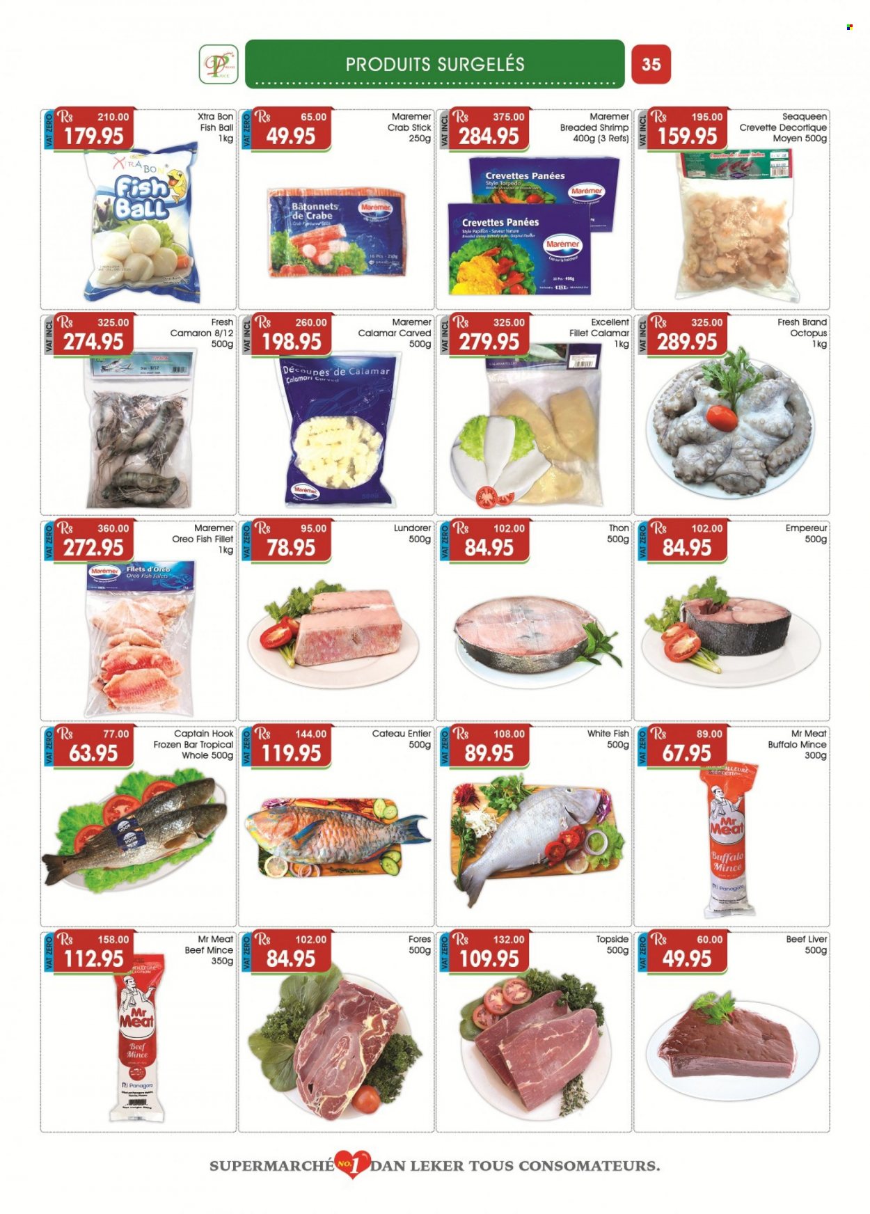 thumbnail - Dreamprice Catalogue - 19.08.2022 - 12.09.2022 - Sales products - calamari, fish fillets, whitefish, octopus, crab, shrimps, beef liver, beef meat, ground beef, XTRA, hook, Oreo. Page 35.