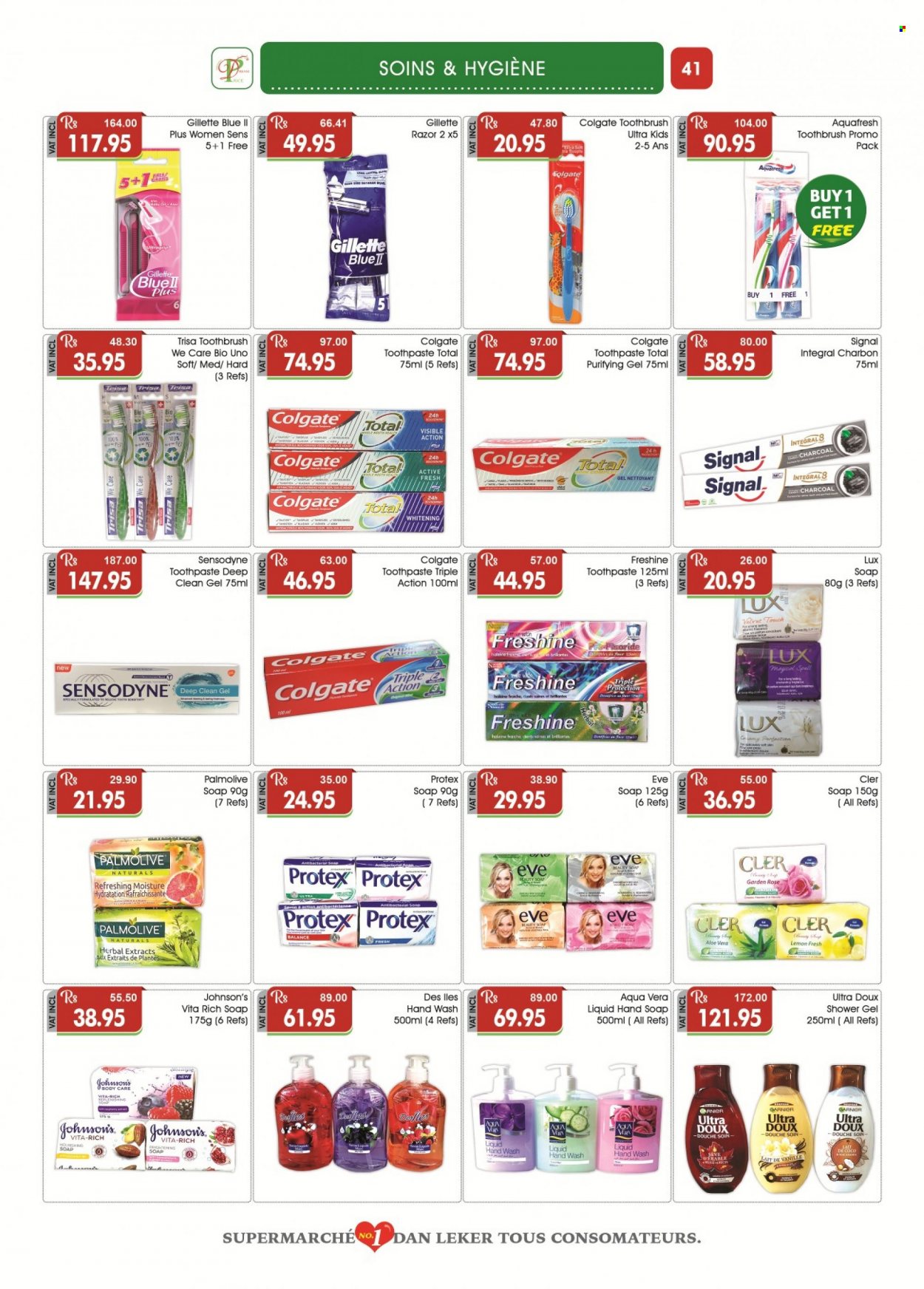 thumbnail - Dreamprice Catalogue - 19.08.2022 - 12.09.2022 - Sales products - soup, wine, rosé wine, Johnson's, Lux, shower gel, hand soap, hand wash, Palmolive, Protex, soap, toothbrush, toothpaste, Signal, Gillette, razor, bin, Anker, Colgate, Garnier, Sensodyne. Page 41.