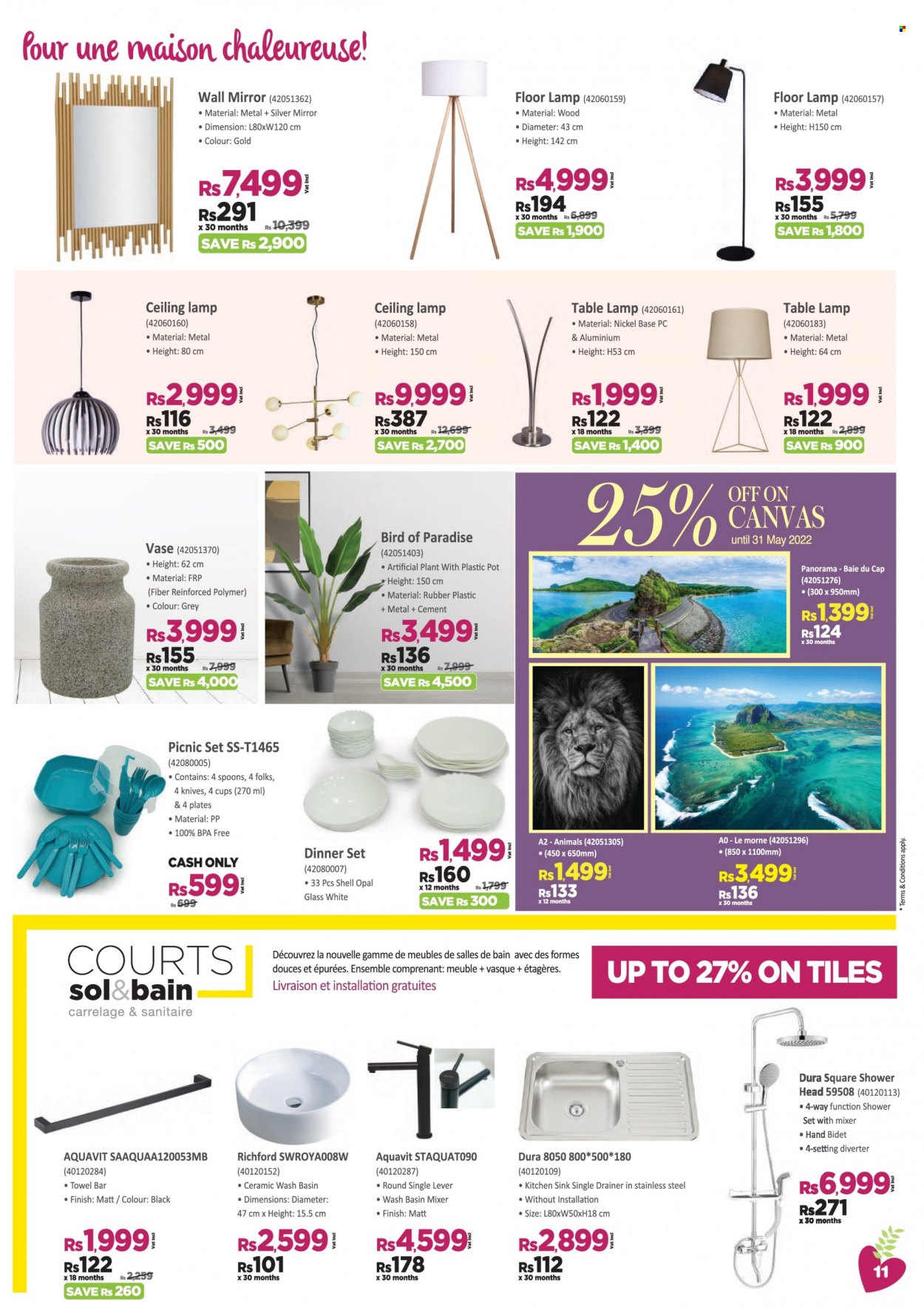 Courts Mammouth Catalogue - 1.05.2022 - 19.05.2022 - Sales products - dinnerware set, knife, spoon, plate, pot, cup, mirror, vase, artificial plants, showerhead, basin mixer, sink, lamp, table lamp, ceiling lamp, floor lamp, plant. Page 11.