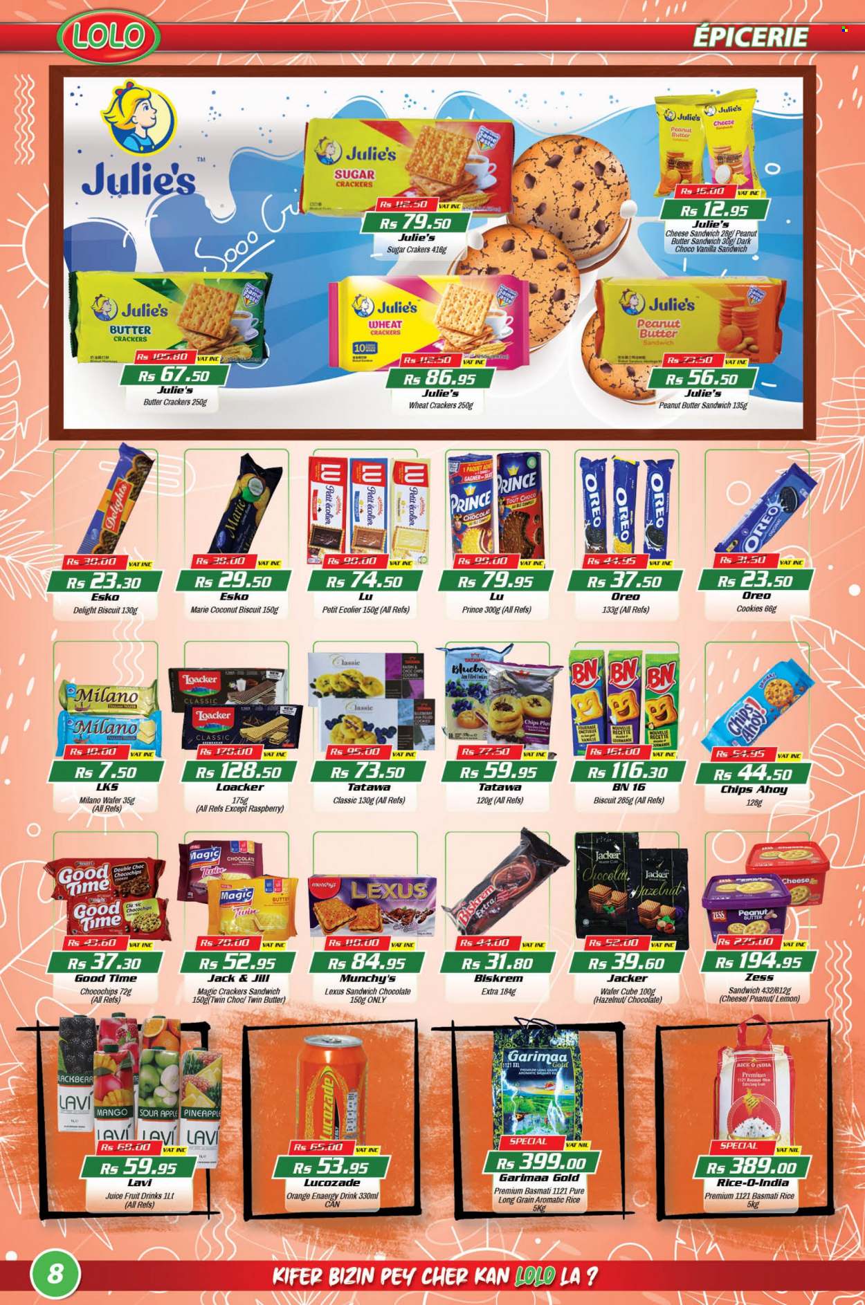 thumbnail - LOLO Hyper Catalogue - 26.08.2022 - 15.09.2022 - Sales products - mango, pineapple, coconut, oranges, cookies, wafers, chocolate, crackers, biscuit, Julie's, chips, sugar, basmati rice, rice, peanut butter, juice, Lucozade, Burberry, Oreo. Page 8.