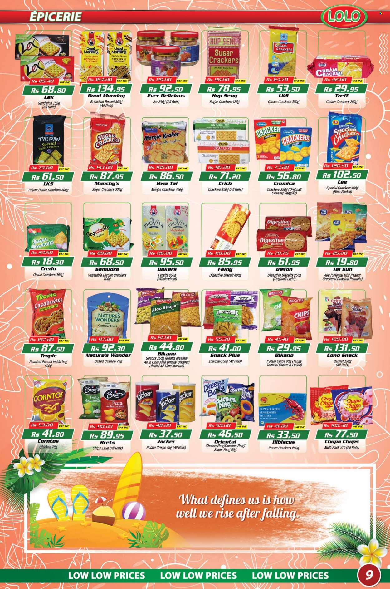 LOLO Hyper Catalogue - 26.08.2022 - 15.09.2022 - Sales products - crispbread, prawns, pizza, butter, snack, crackers, biscuit, Digestive, potato crisps, potato chips, chips, sugar, bhujia, cashews, roasted peanuts, peanuts, nuts, Tai Sun, jar, battery, Bakers, Lee, bra, pesto. Page 9.