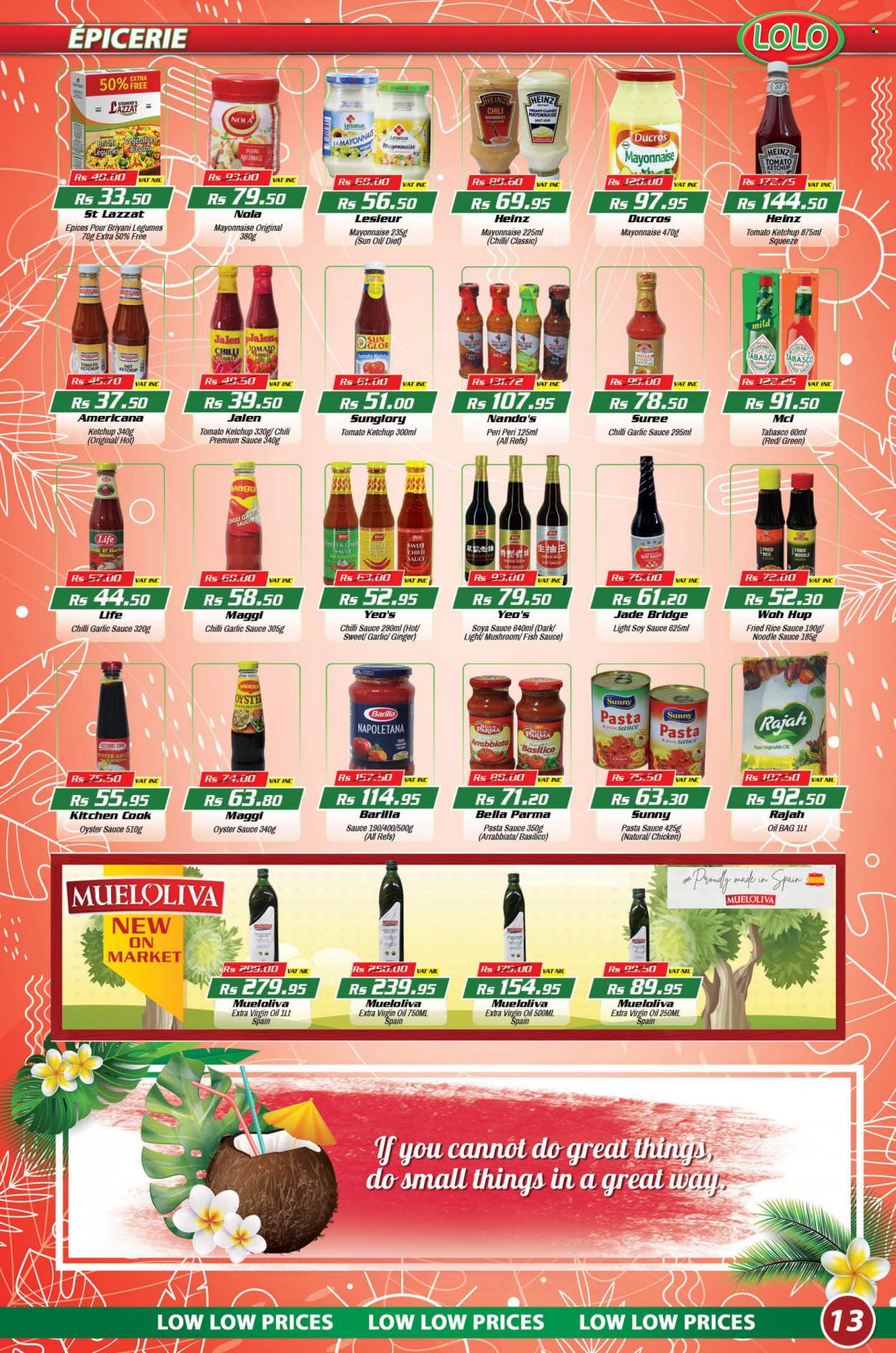thumbnail - LOLO Hyper Catalogue - 26.08.2022 - 15.09.2022 - Sales products - mushrooms, Bella, ginger, oysters, fish, pasta sauce, noodles, mayonnaise, tabasco, Maggi, fish sauce, soy sauce, oyster sauce, chilli sauce, sweet chilli sauce, garlic sauce, extra virgin olive oil, vegetable oil, oil, bag, Heinz, ketchup, Barilla. Page 13.
