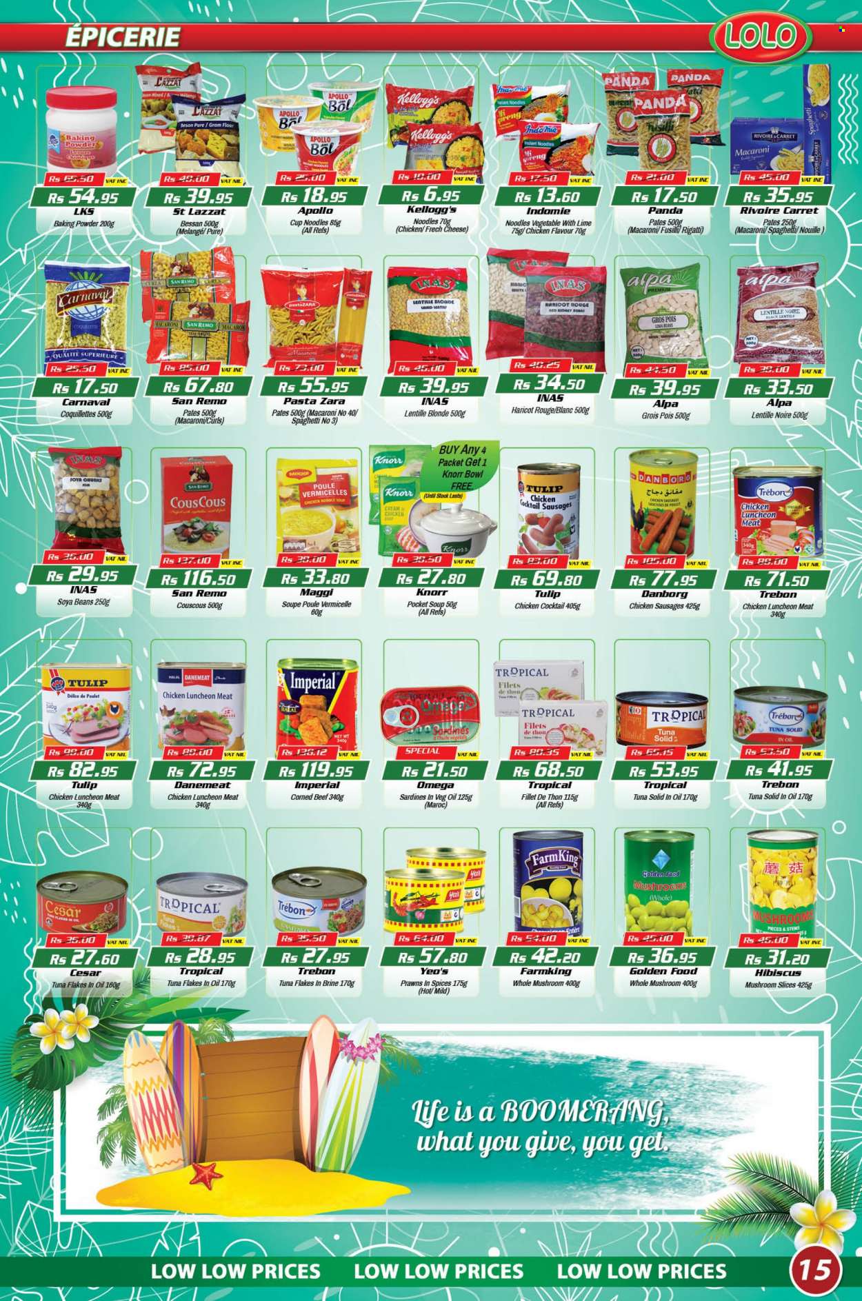 thumbnail - LOLO Hyper Catalogue - 26.08.2022 - 15.09.2022 - Sales products - mushrooms, beans, sardines, tuna, prawns, spaghetti, macaroni, soup, pasta, instant noodles, noodles cup, noodles, sausage, lunch meat, corned beef, cheese, lima beans, Kellogg's, baking powder, flour, gram flour, Maggi, lentils, beef meat, bowl, panda, couscous, Knorr. Page 15.