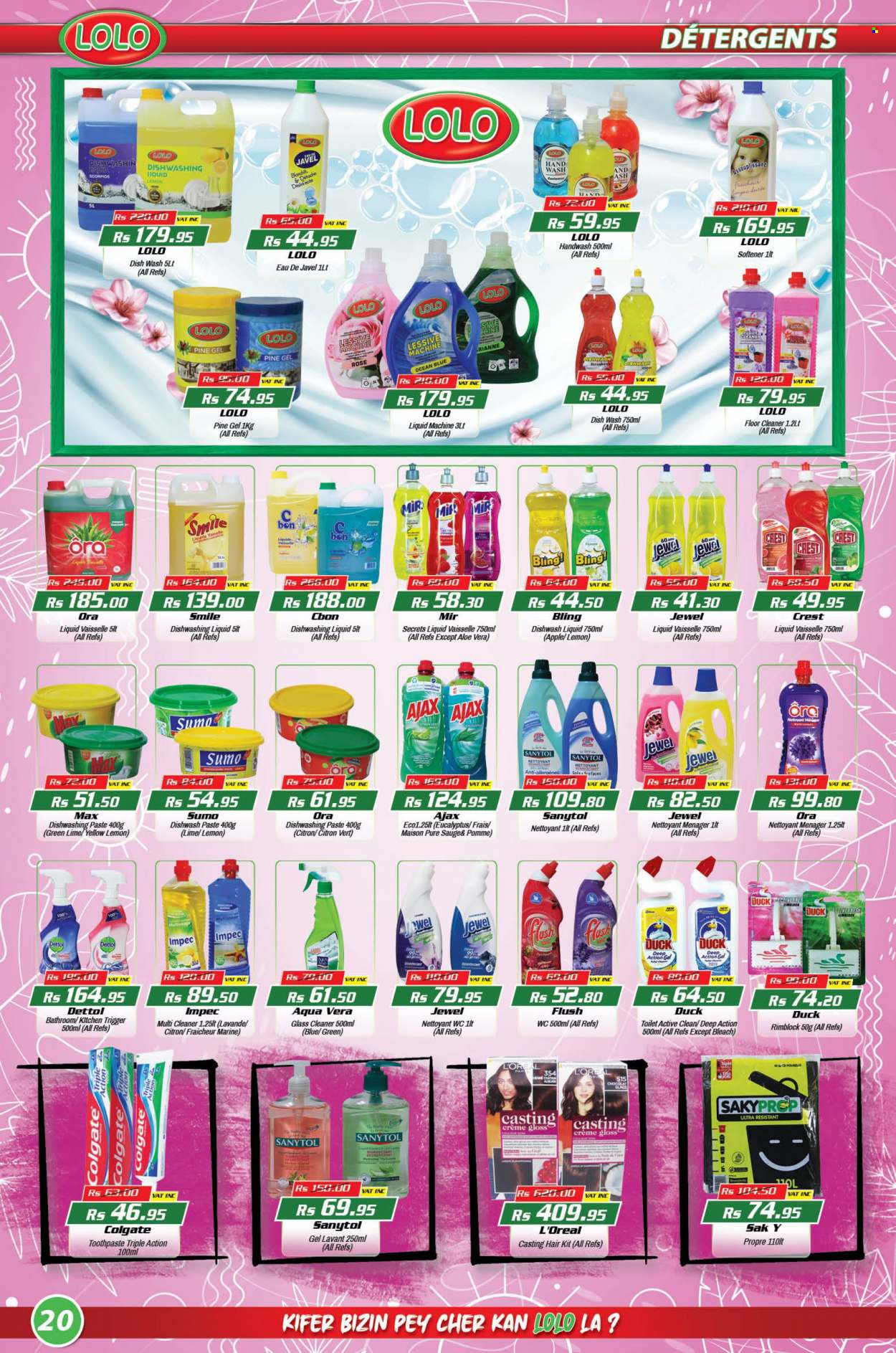 thumbnail - LOLO Hyper Catalogue - 26.08.2022 - 15.09.2022 - Sales products - wine, rosé wine, cleaner, bleach, floor cleaner, glass cleaner, Ajax, fabric softener, dishwashing liquid, hand wash, toothpaste, Crest, L’Oréal, Apple, rose, Colgate, Dettol, Sanytol, desinfection. Page 20.