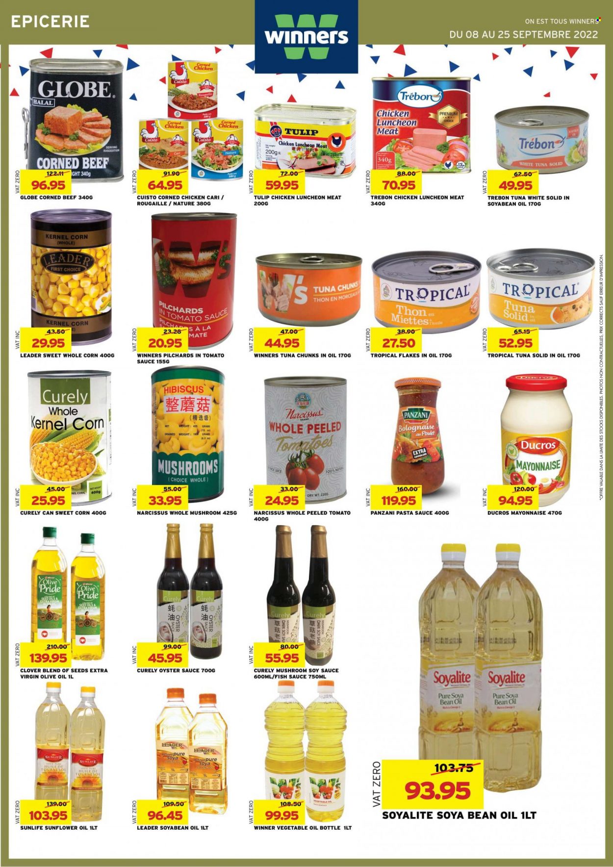 thumbnail - Winner's Catalogue - 8.09.2022 - 25.09.2022 - Sales products - mushrooms, corn, tomatoes, sweet corn, sardines, tuna, oysters, fish, pasta sauce, lunch meat, corned beef, Clover, mayonnaise, fish sauce, soy sauce, oyster sauce, extra virgin olive oil, sunflower oil, vegetable oil, olive oil, beef meat. Page 28.
