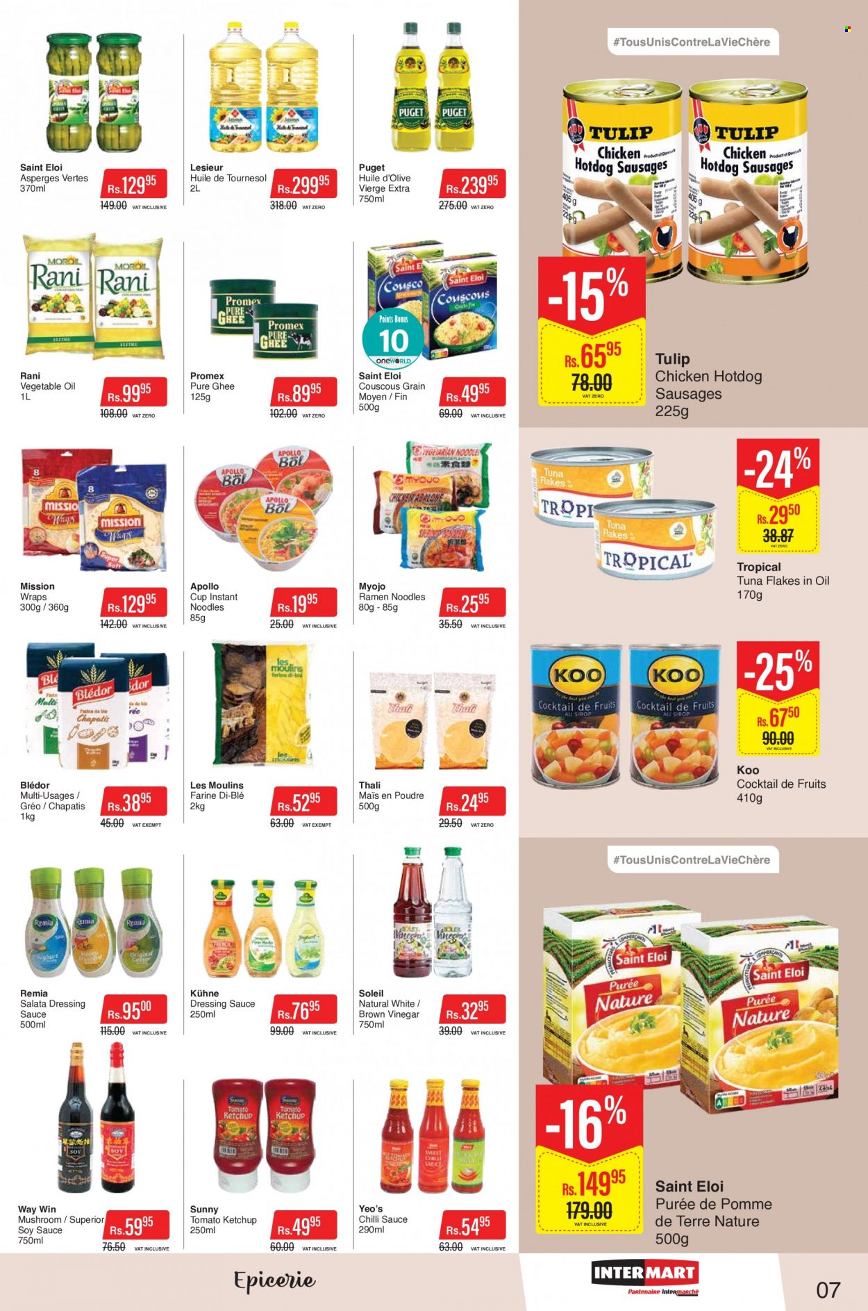 thumbnail - Intermart Catalogue - 9.09.2022 - 21.09.2022 - Sales products - mushrooms, hot dog rolls, wraps, tuna, ramen, hot dog, instant noodles, sauce, noodles, sausage, ghee, Koo, soy sauce, chilli sauce, dressing, vegetable oil, vinegar, brown vinegar, cup, couscous, ketchup. Page 7.