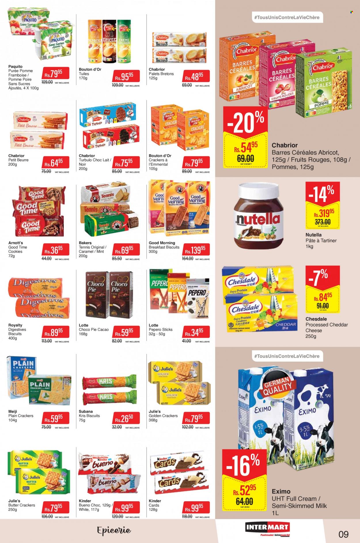 thumbnail - Intermart Catalogue - 9.09.2022 - 21.09.2022 - Sales products - pie, cheddar, cheese, milk, butter, cookies, crackers, Kinder Bueno, biscuit, Julie's, caramel, Bakers, Nutella. Page 9.