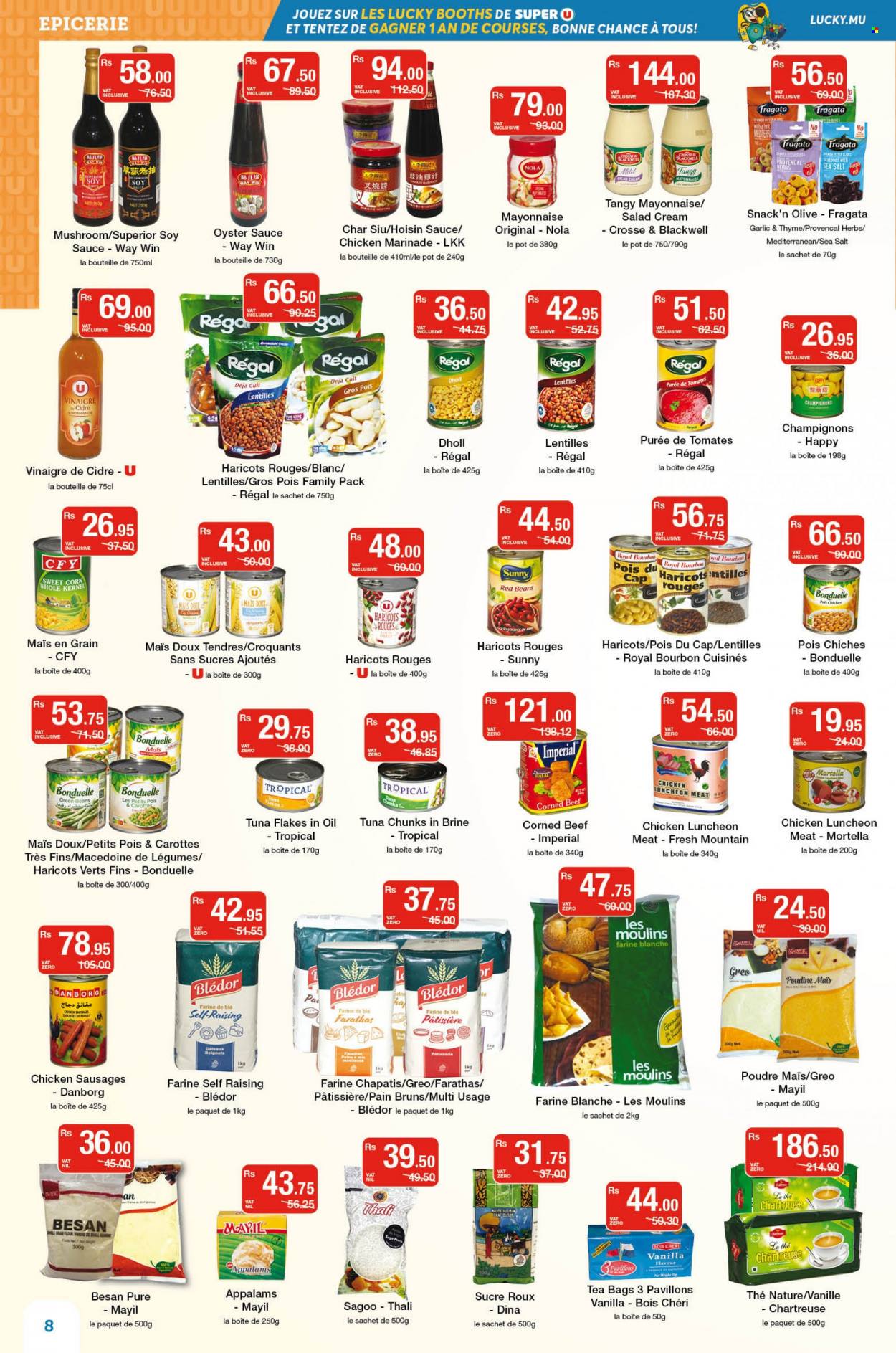 thumbnail - Super U Catalogue - 9.09.2022 - 21.09.2022 - Sales products - mushrooms, beans, corn, green beans, sweet corn, pears, tuna, oysters, sauce, sausage, lunch meat, corned beef, mayonnaise, salad cream, snack, cane sugar, gram flour, sugar, sea salt, red beans, herbs, hoisin sauce, oyster sauce, marinade, tea bags, bourbon, beef meat, pot. Page 8.