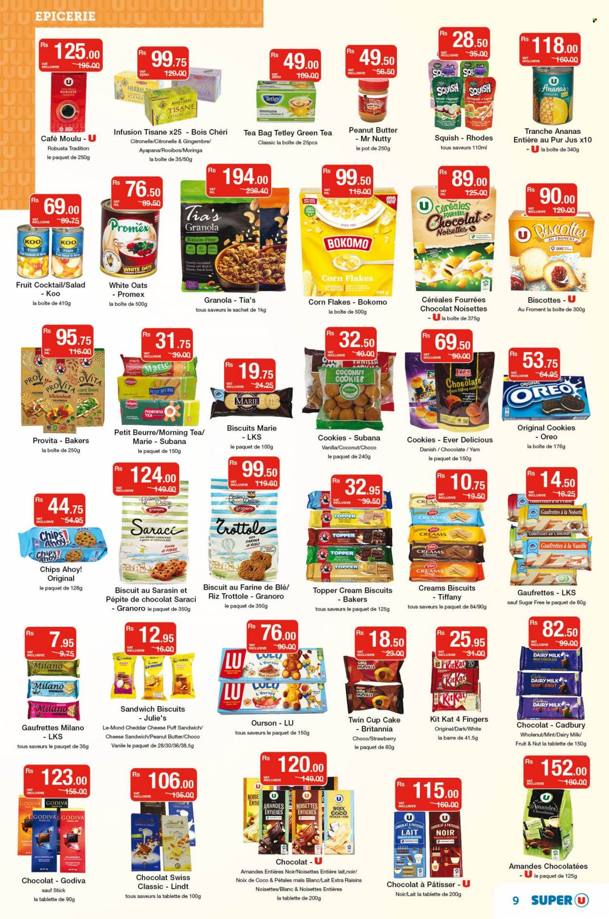 Super U Catalogue - 9.09.2022 - 21.09.2022 - Sales products - cupcake, crispbread, butternut squash, orange, sandwich, cookies, milk chocolate, KitKat, Godiva, biscuit, Cadbury, coconut cookies, Julie's, Dairy Milk, Chips Ahoy!, chips, cheese puff, oats, Koo, fruit salad, corn flakes, peanut butter, dried fruit, green tea, tea bags, rooibos tea, pot, cup, Bakers, vitamin c, moringa, granola, raisins, Oreo, Lindt. Page 9.