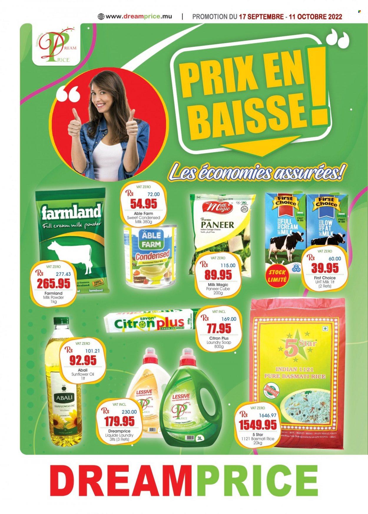 Dreamprice Catalogue - 17.09.2022 - 11.10.2022 - Sales products - cottage cheese, paneer, cheese, condensed milk, milk powder, basmati rice, rice, sunflower oil, oil, laundry soap bar, soap, eau de parfum. Page 1.