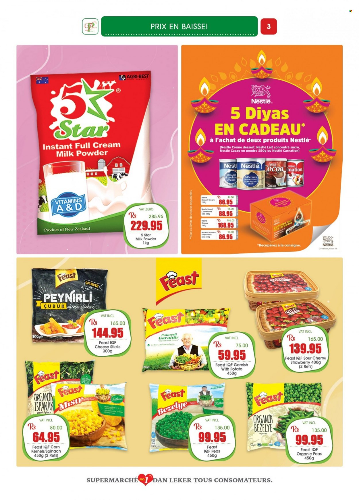 thumbnail - Dreamprice Catalogue - 17.09.2022 - 11.10.2022 - Sales products - corn, spinach, peas, cherries, cheese, condensed milk, milk powder, cheese sticks, cocoa, Nestlé. Page 3.