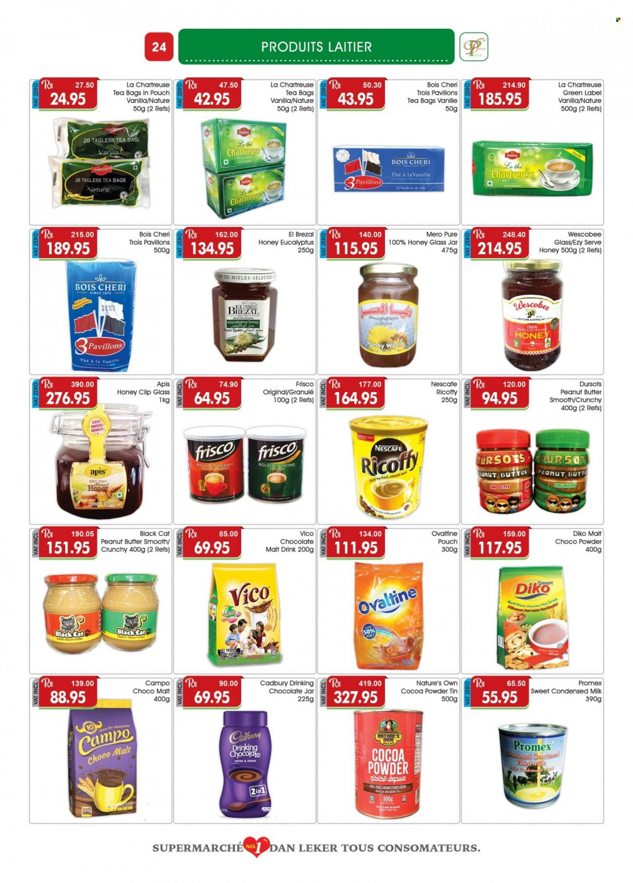 thumbnail - Dreamprice Catalogue - 17.09.2022 - 11.10.2022 - Sales products - milk, condensed milk, chocolate, Cadbury, honey, peanut butter, hot chocolate, tea bags, coffee, Ricoffy, Frisco, jar, Nature's Own, Nescafé. Page 24.