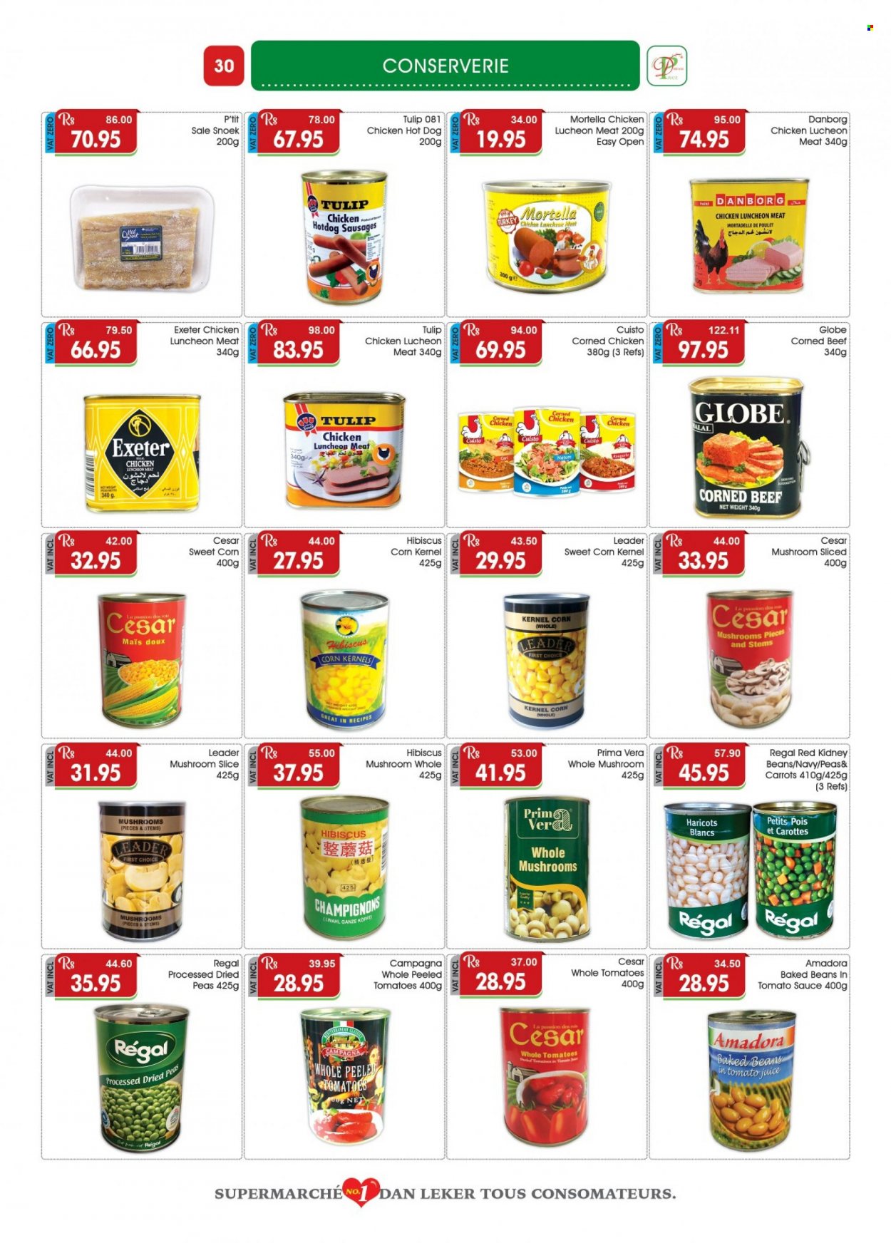 thumbnail - Dreamprice Catalogue - 17.09.2022 - 11.10.2022 - Sales products - mushrooms, hot dog rolls, beans, carrots, corn, tomatoes, kale, peas, sweet corn, hot dog, sausage, lunch meat, corned beef, kidney beans, baked beans, tomato juice, beef meat. Page 30.