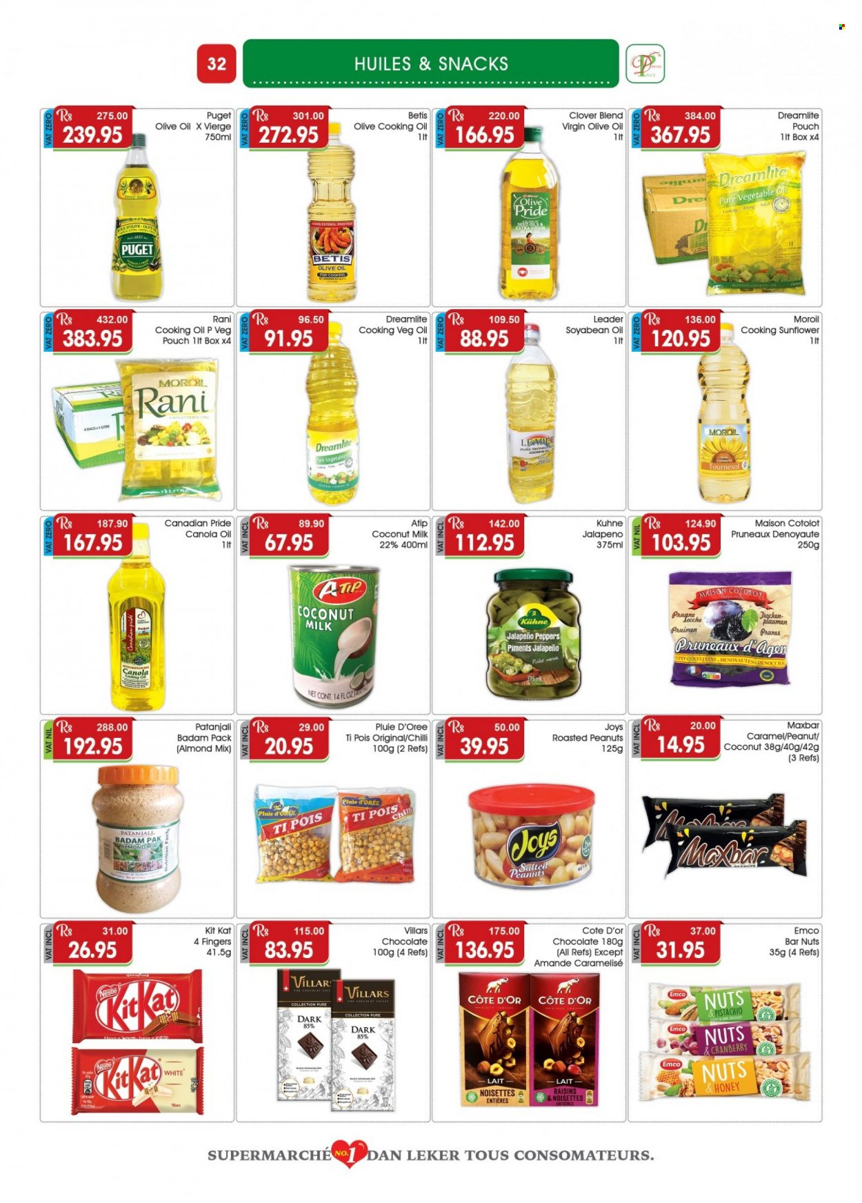 thumbnail - Dreamprice Catalogue - 17.09.2022 - 11.10.2022 - Sales products - jalapeño, Clover, chocolate, snack, KitKat, coconut milk, caramel, canola oil, olive oil, oil, cooking oil, honey, roasted peanuts, peanuts, dried fruit, raisins. Page 32.