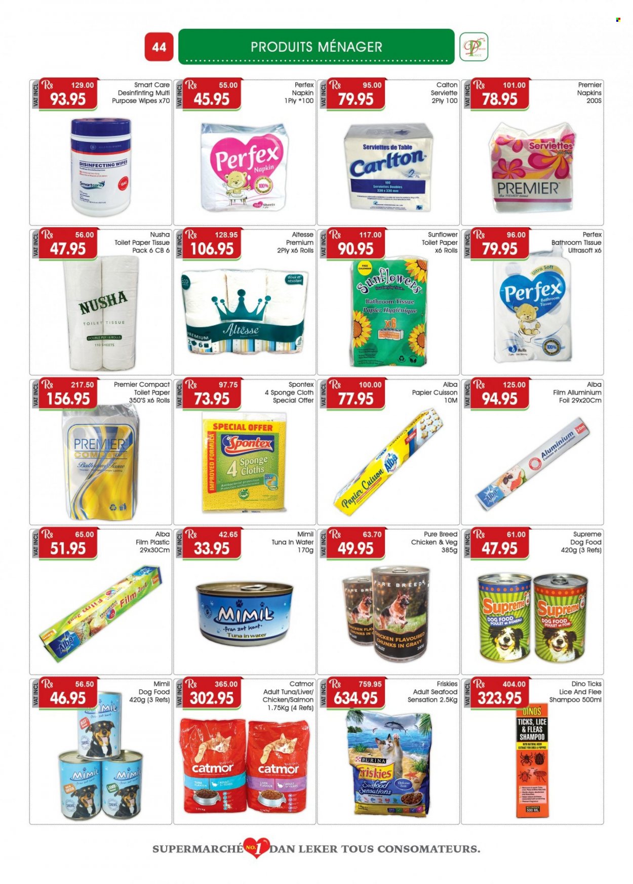 thumbnail - Dreamprice Catalogue - 17.09.2022 - 11.10.2022 - Sales products - seafood, tuna in water, wipes, napkins, bath tissue, toilet paper, sponge, calendar, animal food, dog food, Purina, Friskies, shampoo. Page 44.