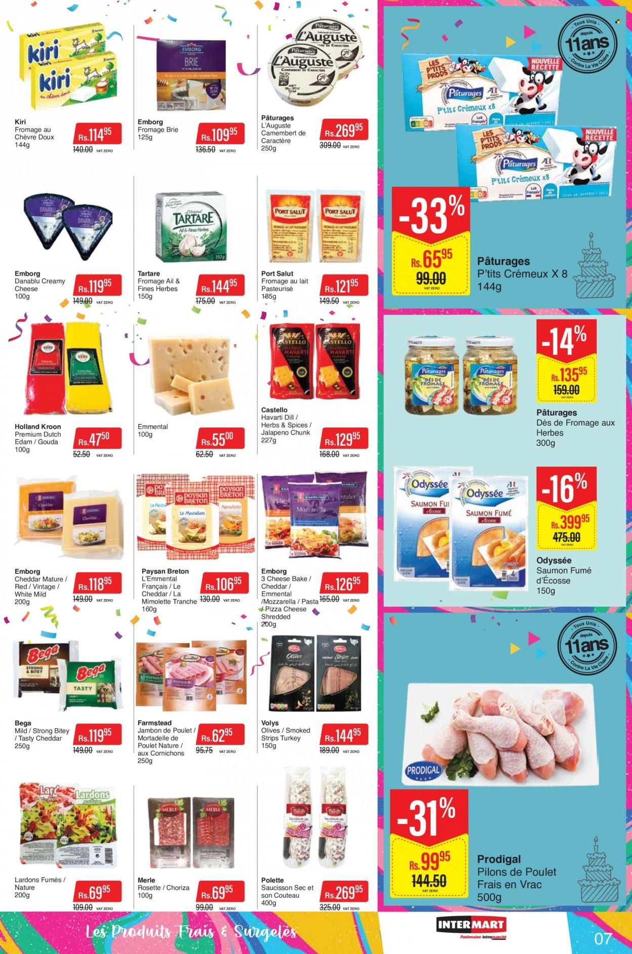 thumbnail - Intermart Catalogue - 23.09.2022 - 19.10.2022 - Sales products - pizza, pasta, edam cheese, gouda, Havarti, cheddar, brie, Kiri, strips, dill, camembert, olives. Page 7.