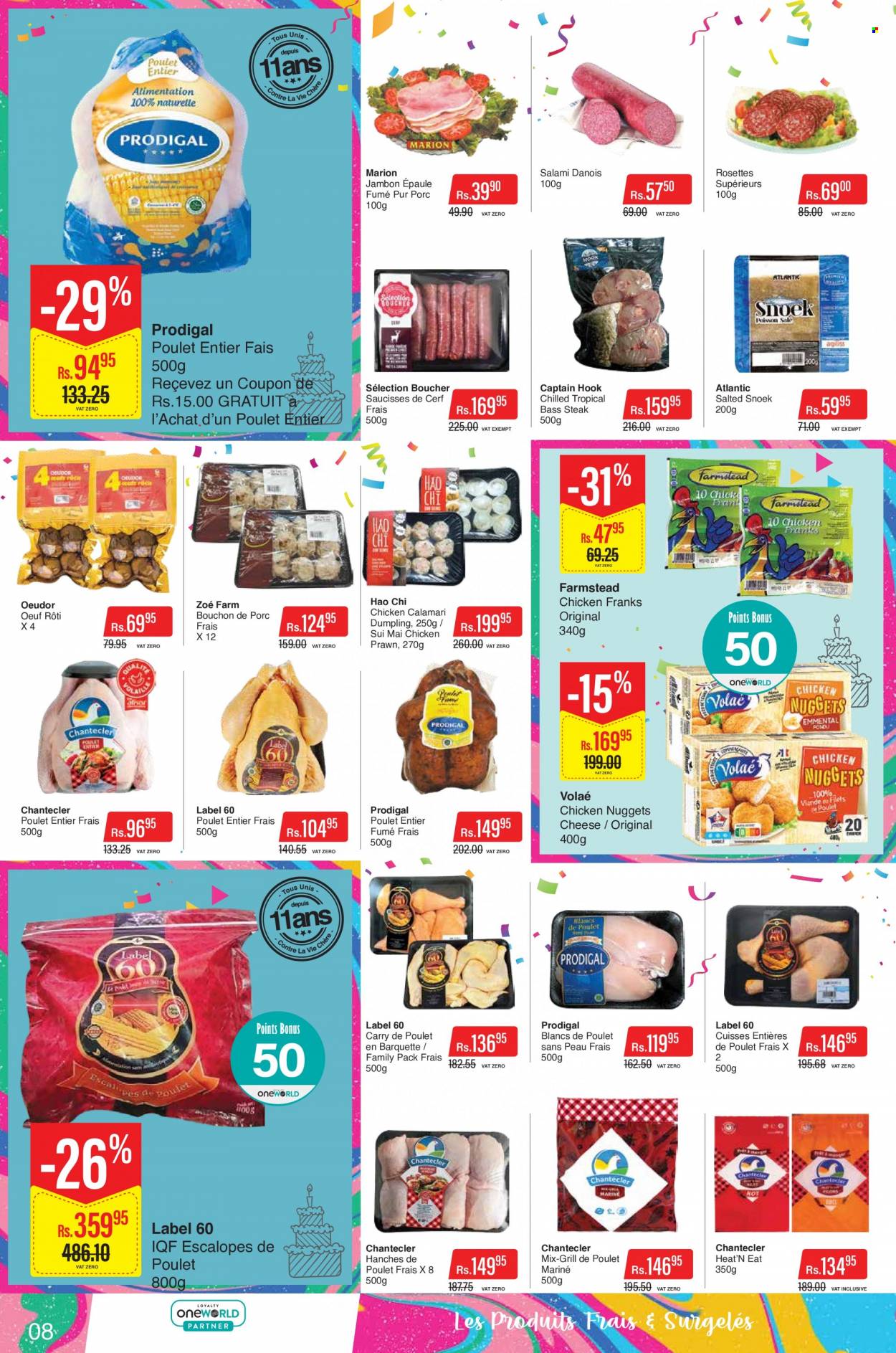Intermart Catalogue - 23.09.2022 - 19.10.2022 - Sales products - calamari, prawns, nuggets, chicken nuggets, dumpling, salami, chicken franks, cheese, Zoe, hook, steak. Page 8.