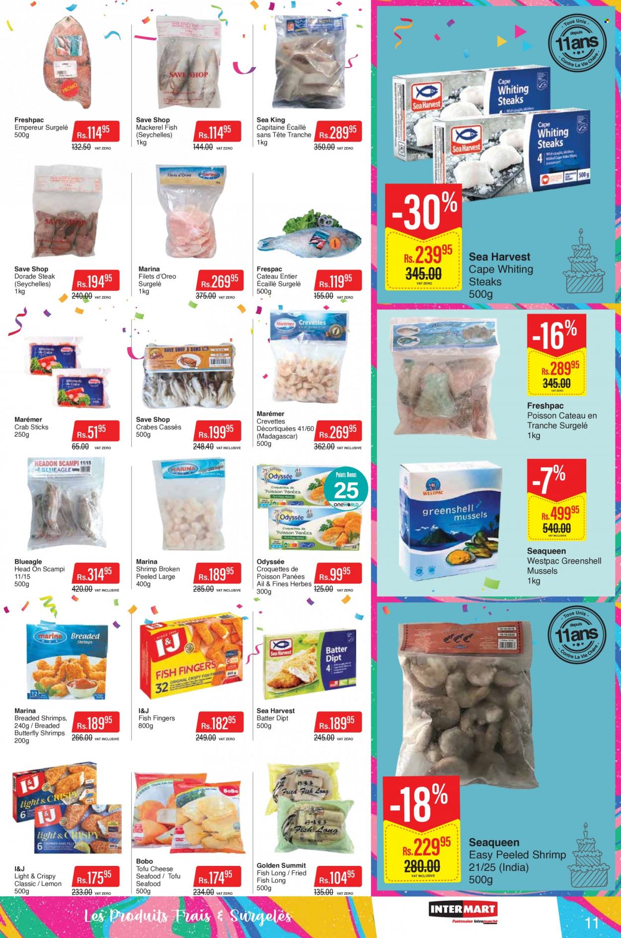 thumbnail - Intermart Catalogue - 23.09.2022 - 19.10.2022 - Sales products - mackerel, mussels, seafood, crab, fish, fish fingers, whiting, Sea Harvest, fish sticks, fried fish, cheese, tofu, potato croquettes, Oreo, steak. Page 11.
