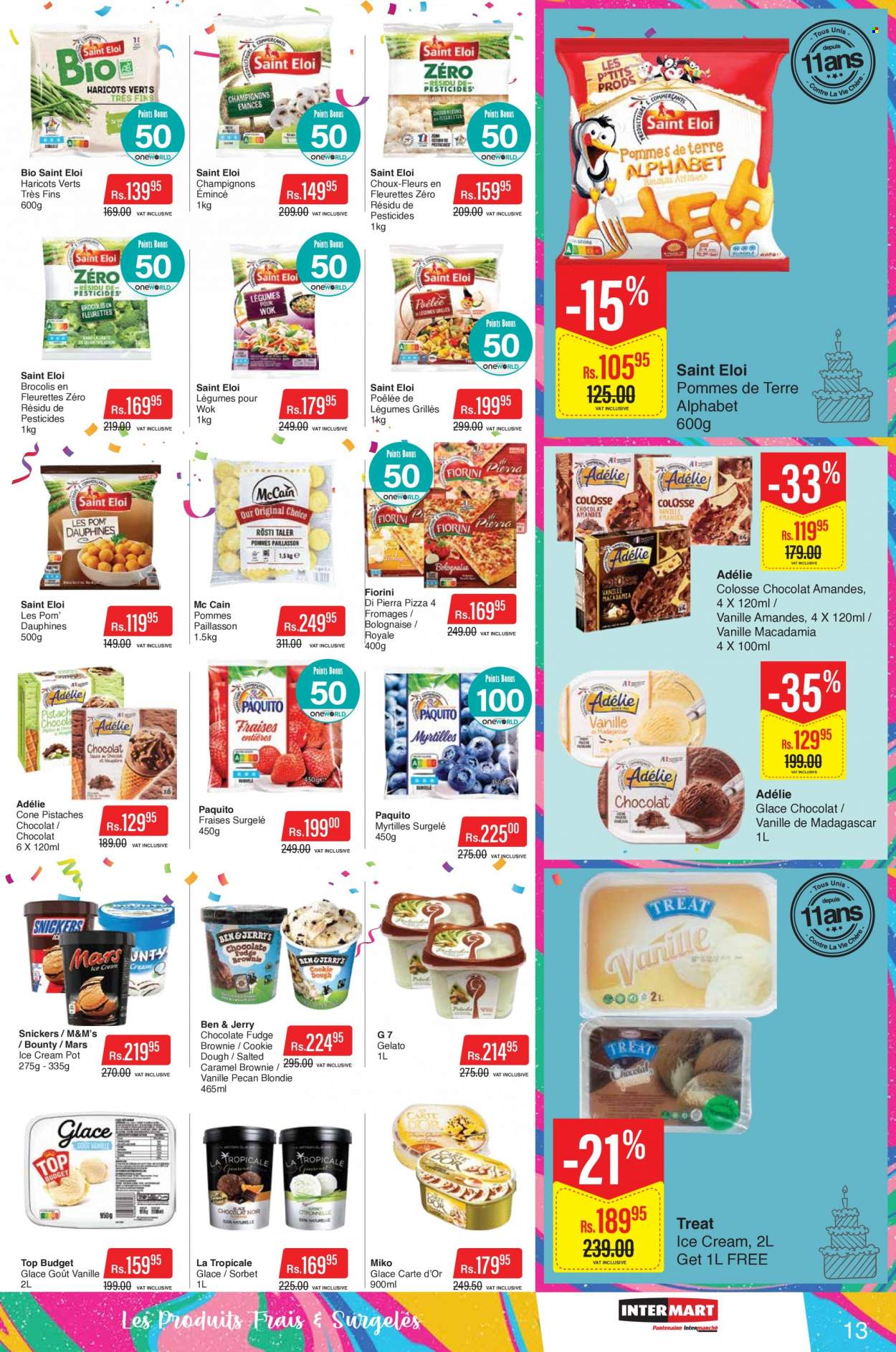thumbnail - Intermart Catalogue - 23.09.2022 - 19.10.2022 - Sales products - brownies, pizza, ice cream, gelato, fudge, Snickers, Bounty, Mars, caramel, macadamia nuts, pot, wok, M&M's. Page 13.