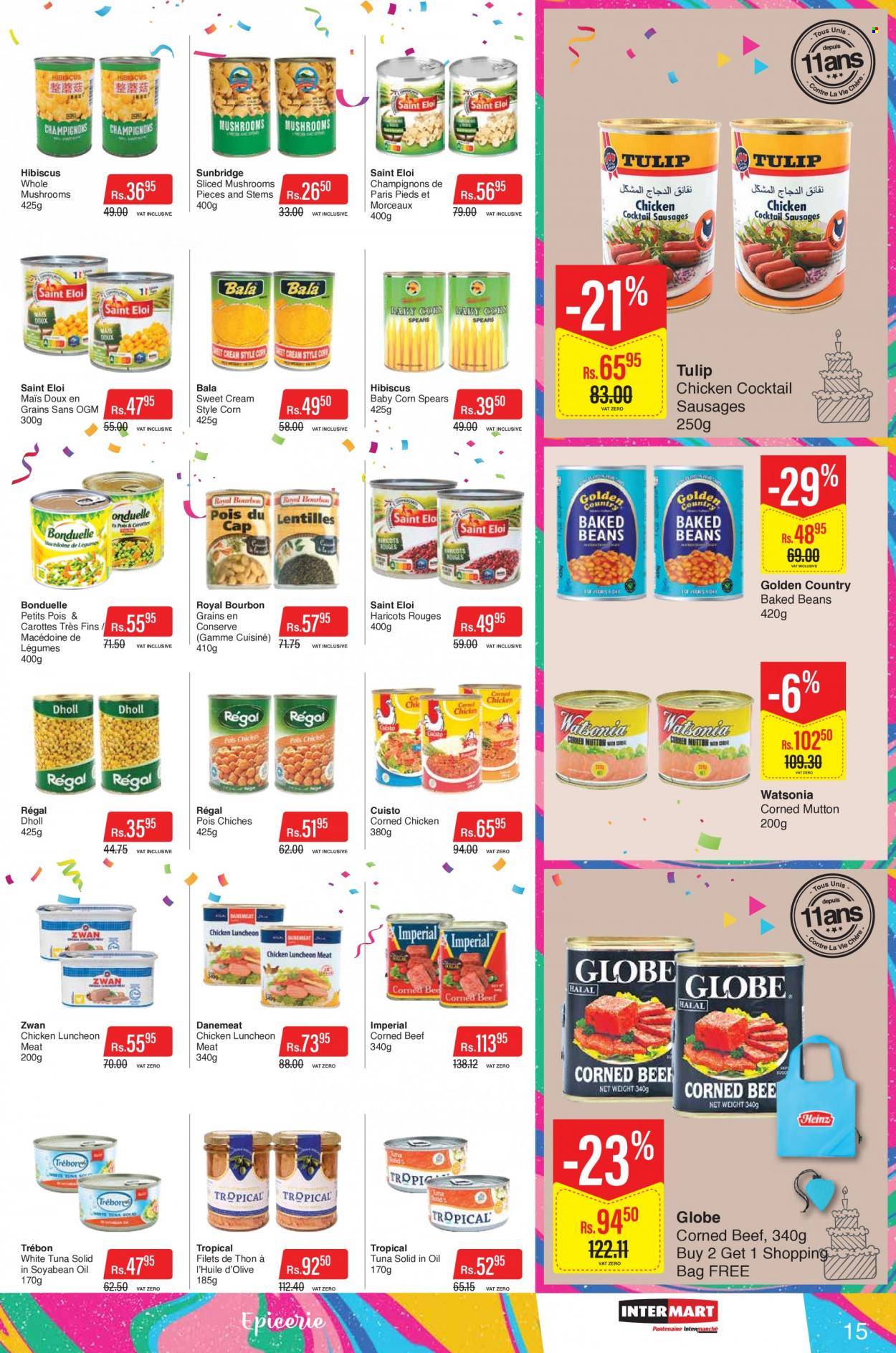 Intermart Catalogue - 23.09.2022 - 19.10.2022 - Sales products - mushroom, beans, tuna, sausage, lunch meat, corned beef, baked beans, bourbon, beef meat, mutton meat, shopping bag. Page 15.