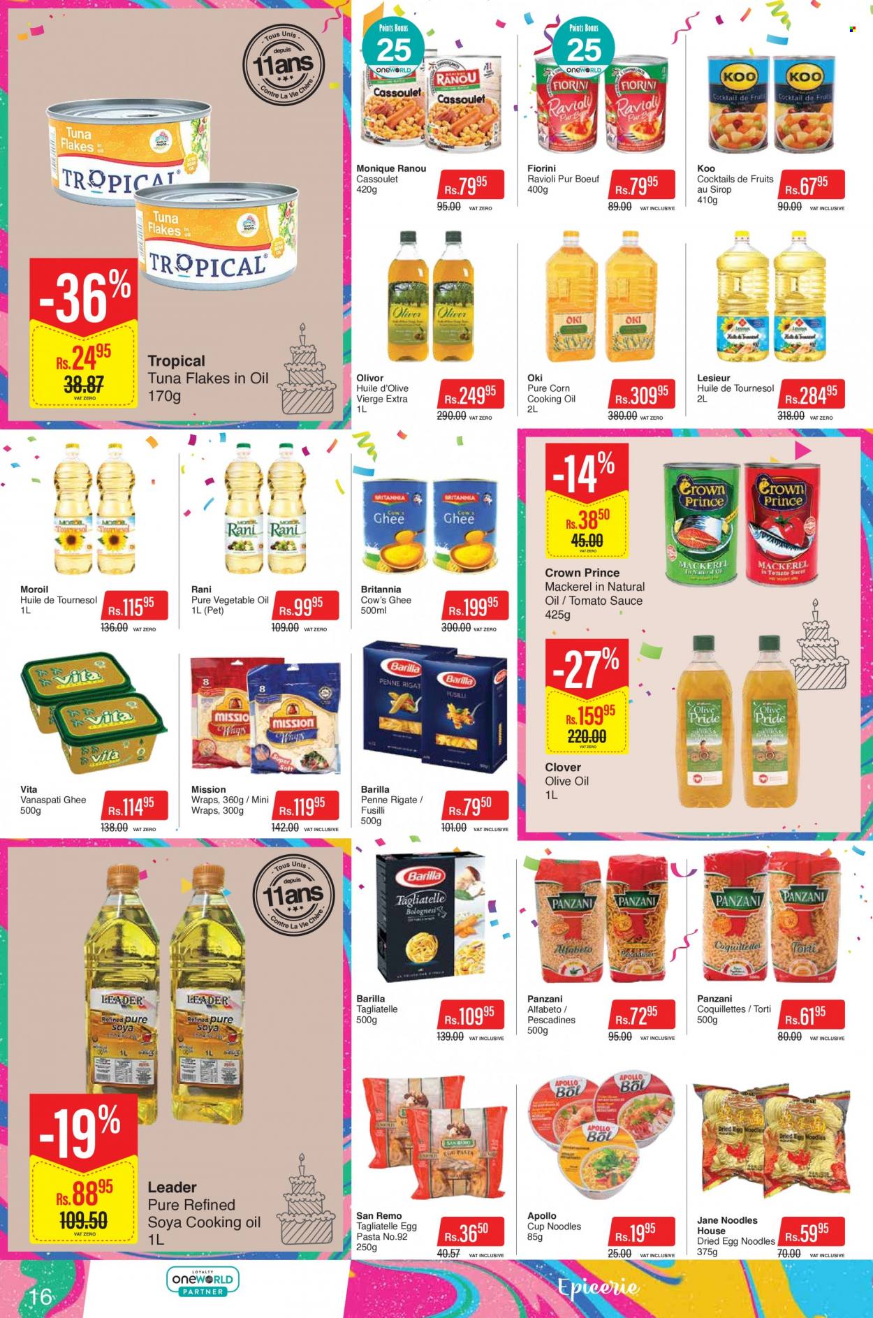 Intermart Catalogue - 23.09.2022 - 19.10.2022 - Sales products - wraps, corn, mackerel, tuna, ravioli, pasta, sauce, noodles cup, noodles, Clover, ghee, tomato sauce, Koo, egg noodles, penne, vegetable oil, olive oil, cooking oil, Barilla. Page 16.