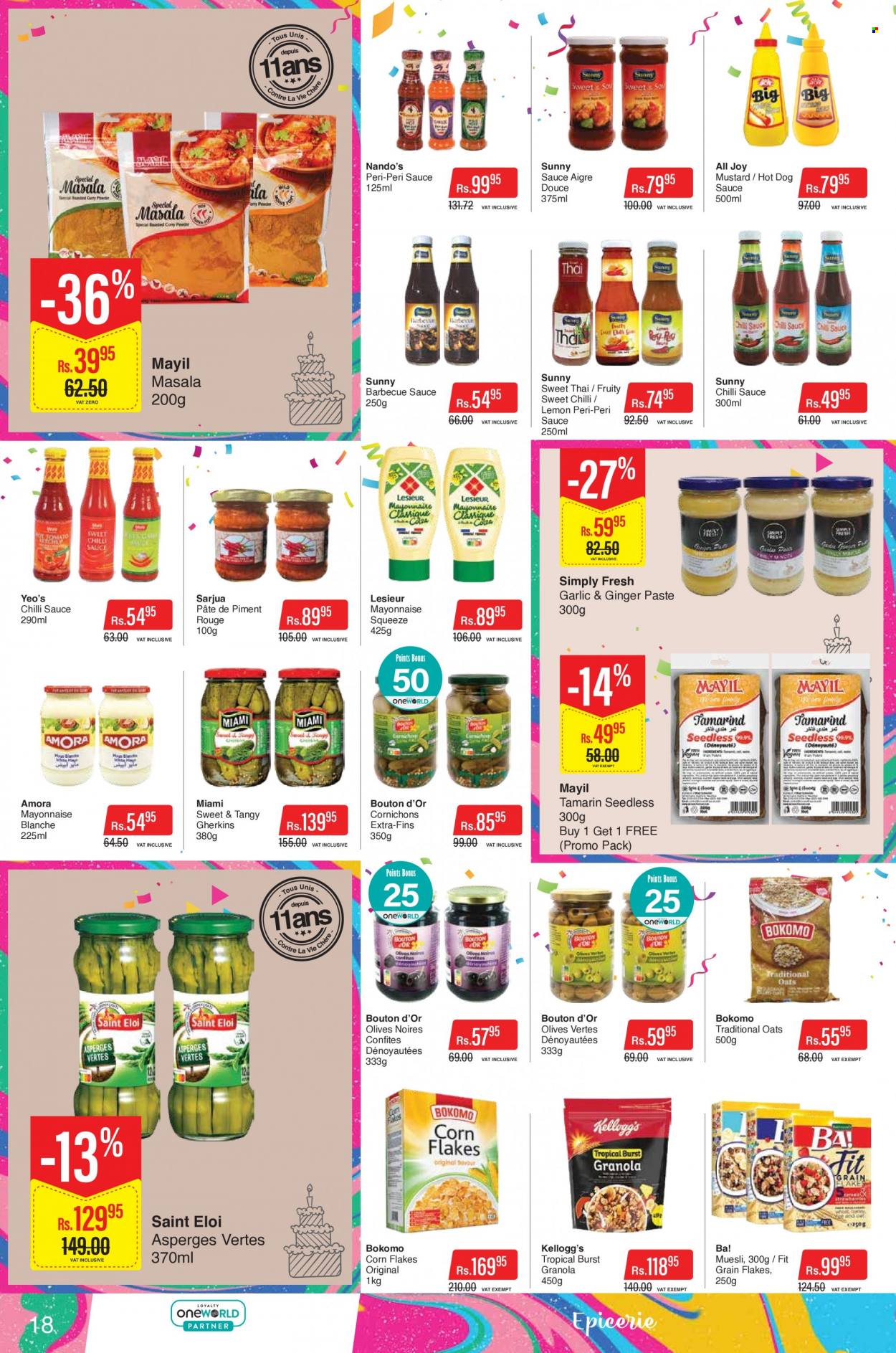 thumbnail - Intermart Catalogue - 23.09.2022 - 19.10.2022 - Sales products - hot dog, sauce, mayonnaise, Kellogg's, oats, corn flakes, muesli, BBQ sauce, mustard, chilli sauce, granola, olives. Page 18.