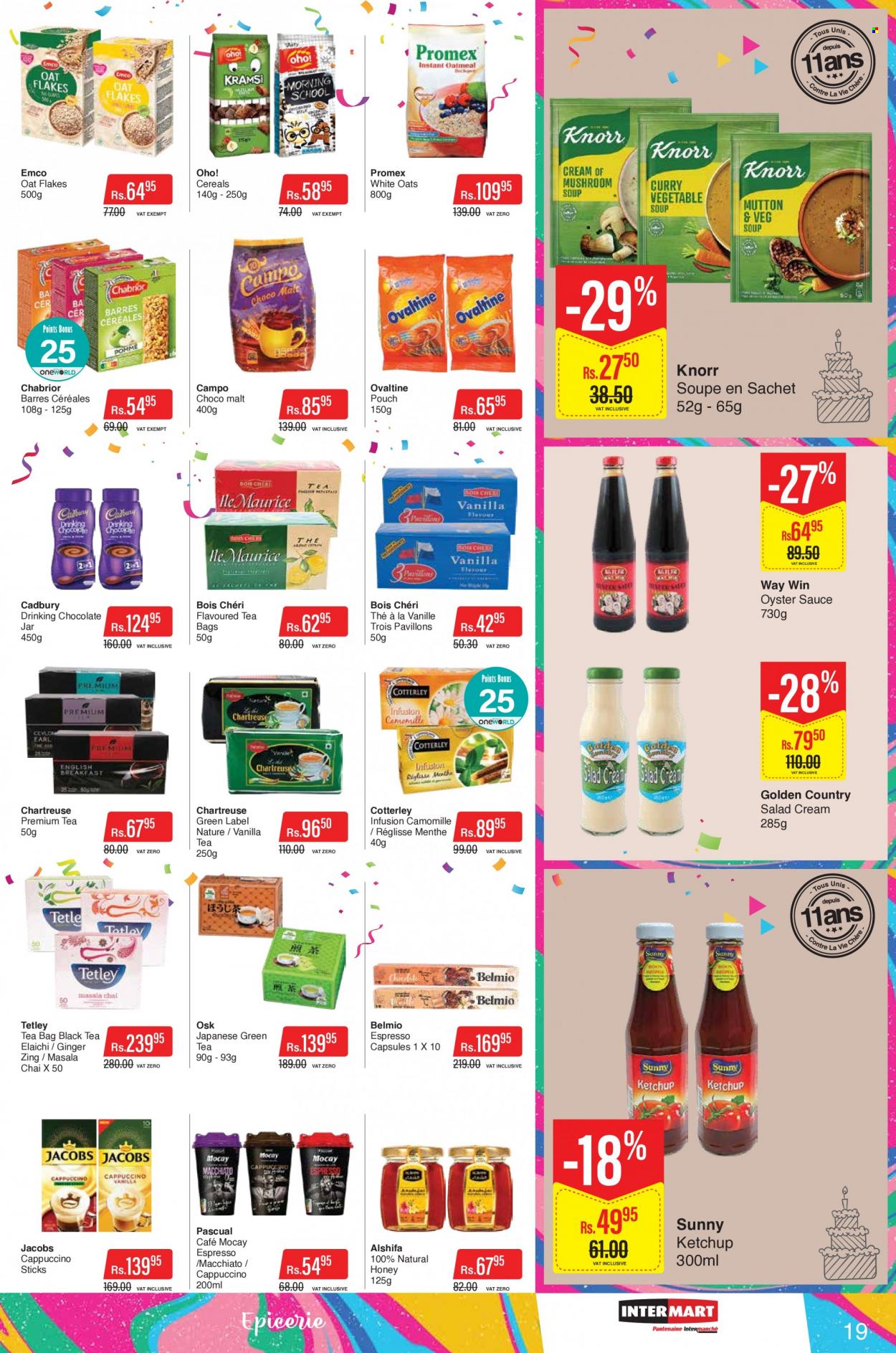 thumbnail - Intermart Catalogue - 23.09.2022 - 19.10.2022 - Sales products - ginger, oysters, sauce, salad cream, chocolate, Cadbury, oats, malt, cereals, oyster sauce, honey, hot chocolate, green tea, tea bags, cappuccino, Jacobs, jar, ketchup, Knorr. Page 19.
