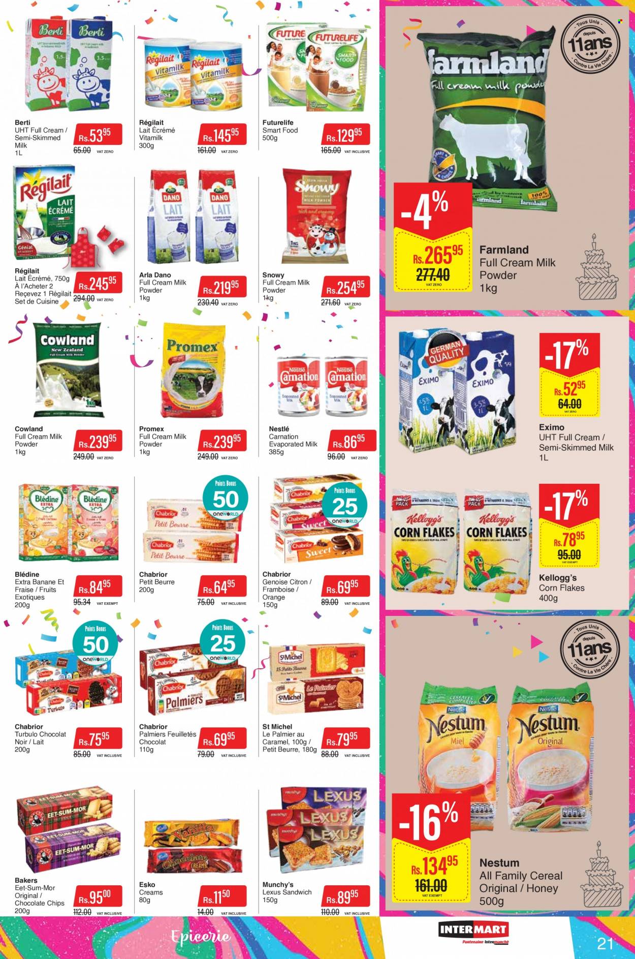 thumbnail - Intermart Catalogue - 23.09.2022 - 19.10.2022 - Sales products - oranges, sandwich, Arla, evaporated milk, milk powder, Kellogg's, cereals, corn flakes, caramel, honey, Bakers, Nestlé. Page 21.