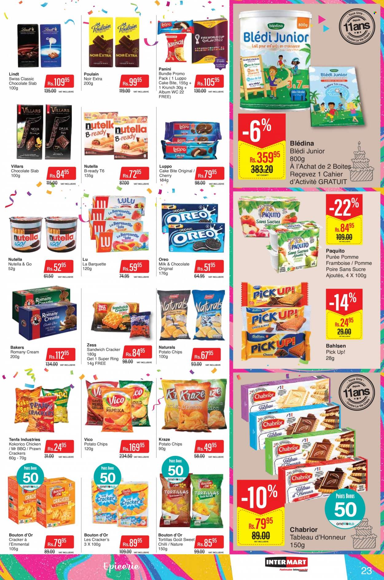 thumbnail - Intermart Catalogue - 23.09.2022 - 19.10.2022 - Sales products - tortillas, cake, panini, cherries, prawns, sandwich, milk, chocolate, crackers, potato chips, chips, Bakers, Nutella, Oreo, Lindt. Page 23.