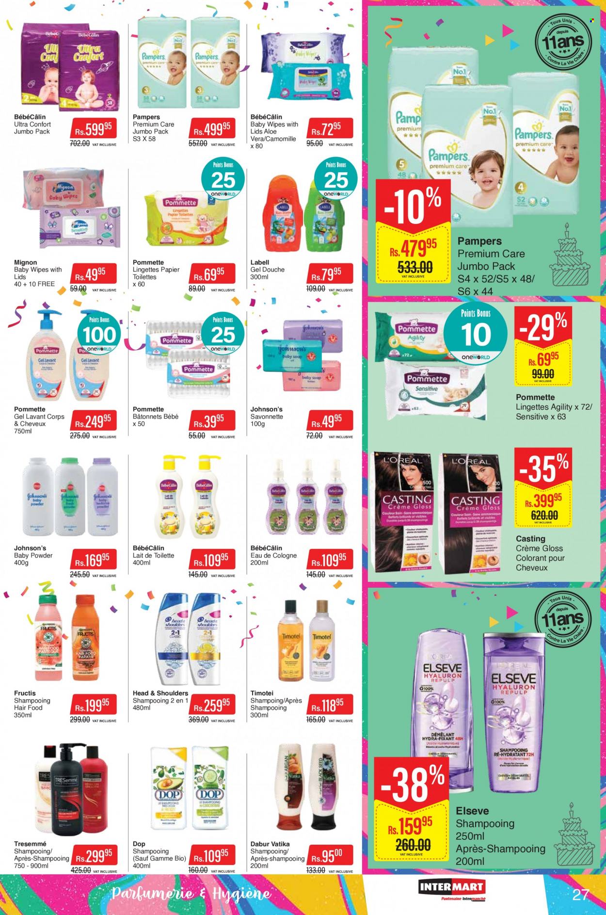 thumbnail - Intermart Catalogue - 23.09.2022 - 19.10.2022 - Sales products - Dabur, wipes, baby wipes, Johnson's, baby powder, soap, L’Oréal, TRESemmé, Fructis, cologne, Head & Shoulders, Pampers. Page 27.