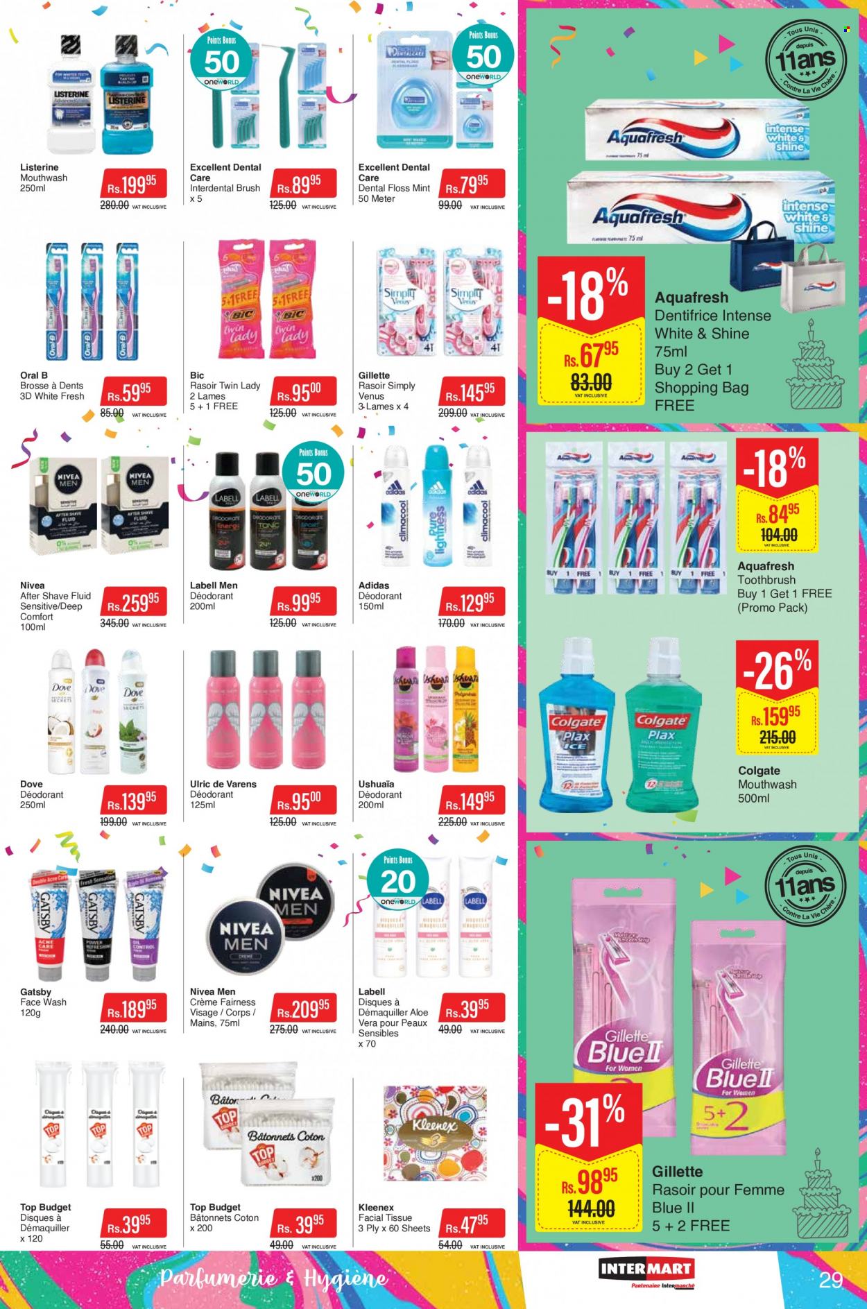 Intermart Catalogue - 23.09.2022 - 19.10.2022 - Sales products - Dove, Nivea, Kleenex, tissues, face gel, toothbrush, mouthwash, Gillette, face wash, after shave, anti-perspirant, BIC, Venus, shopping bag, Adidas, Colgate, Listerine, Oral-B, deodorant. Page 29.