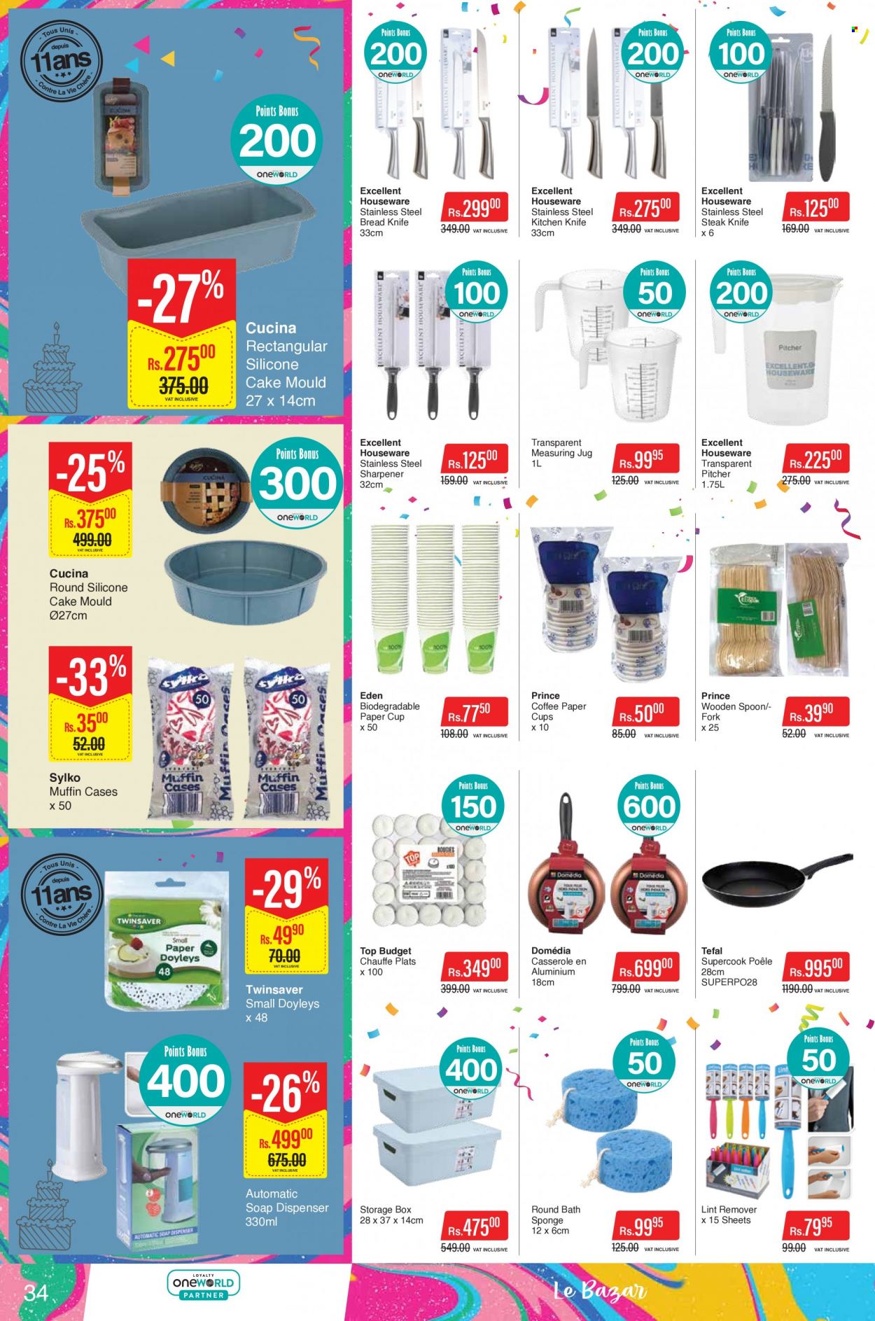 thumbnail - Intermart Catalogue - 23.09.2022 - 19.10.2022 - Sales products - Tefal, bread, cake, muffin, coffee, knife, houseware, fork, sharpener, spoon, pitcher, casserole, steak knife, cup, dispenser, storage box, deco strips. Page 34.