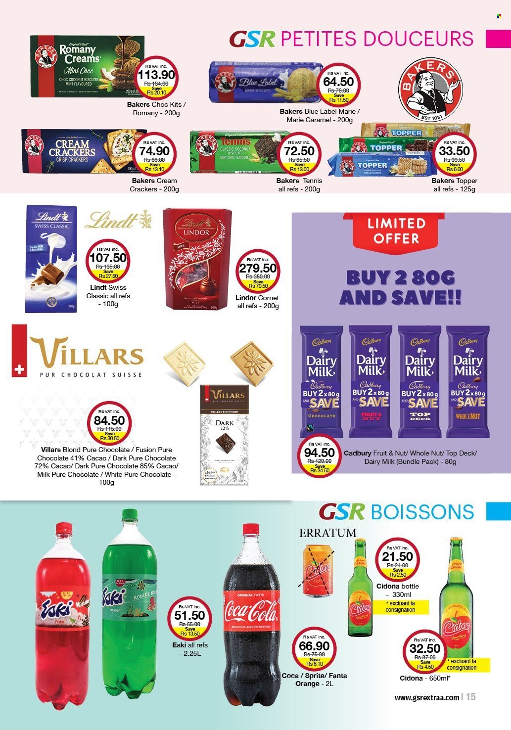 thumbnail - GSR Catalogue - 22.09.2022 - 16.10.2022 - Sales products - persimmons, oranges, chocolate, crackers, biscuit, Cadbury, Dairy Milk, caramel, Coca-Cola, Sprite, Fanta, Bakers, Lindt, Lindor. Page 15.