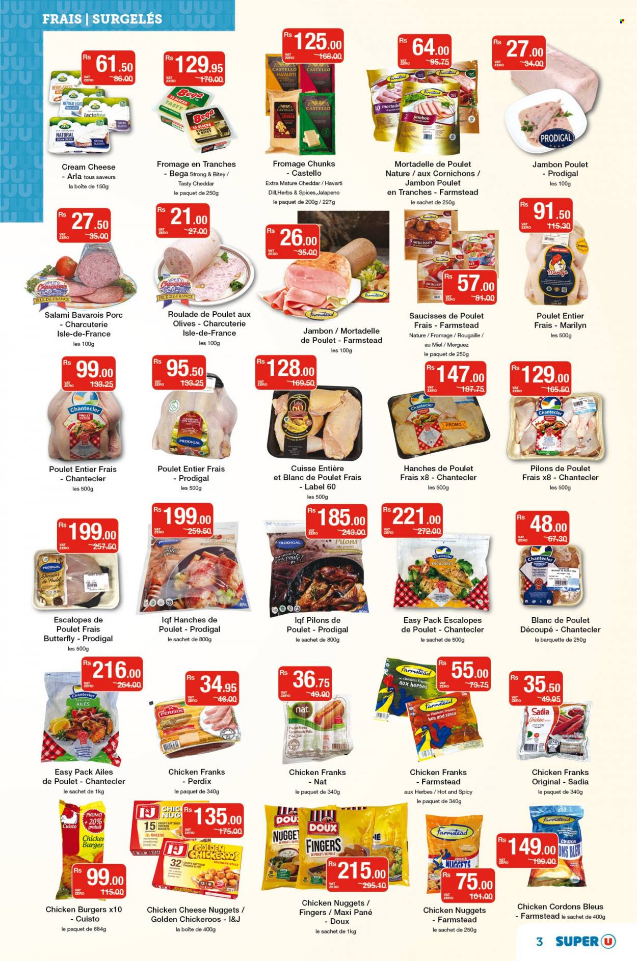 thumbnail - Super U Catalogue - 8.10.2022 - 24.10.2022 - Sales products - jalapeño, nuggets, hamburger, chicken nuggets, cheese nuggets, salami, chicken frankfurters, Havarti, cheddar, cheese, Arla, chicken bites, dill, herbs, olives. Page 3.