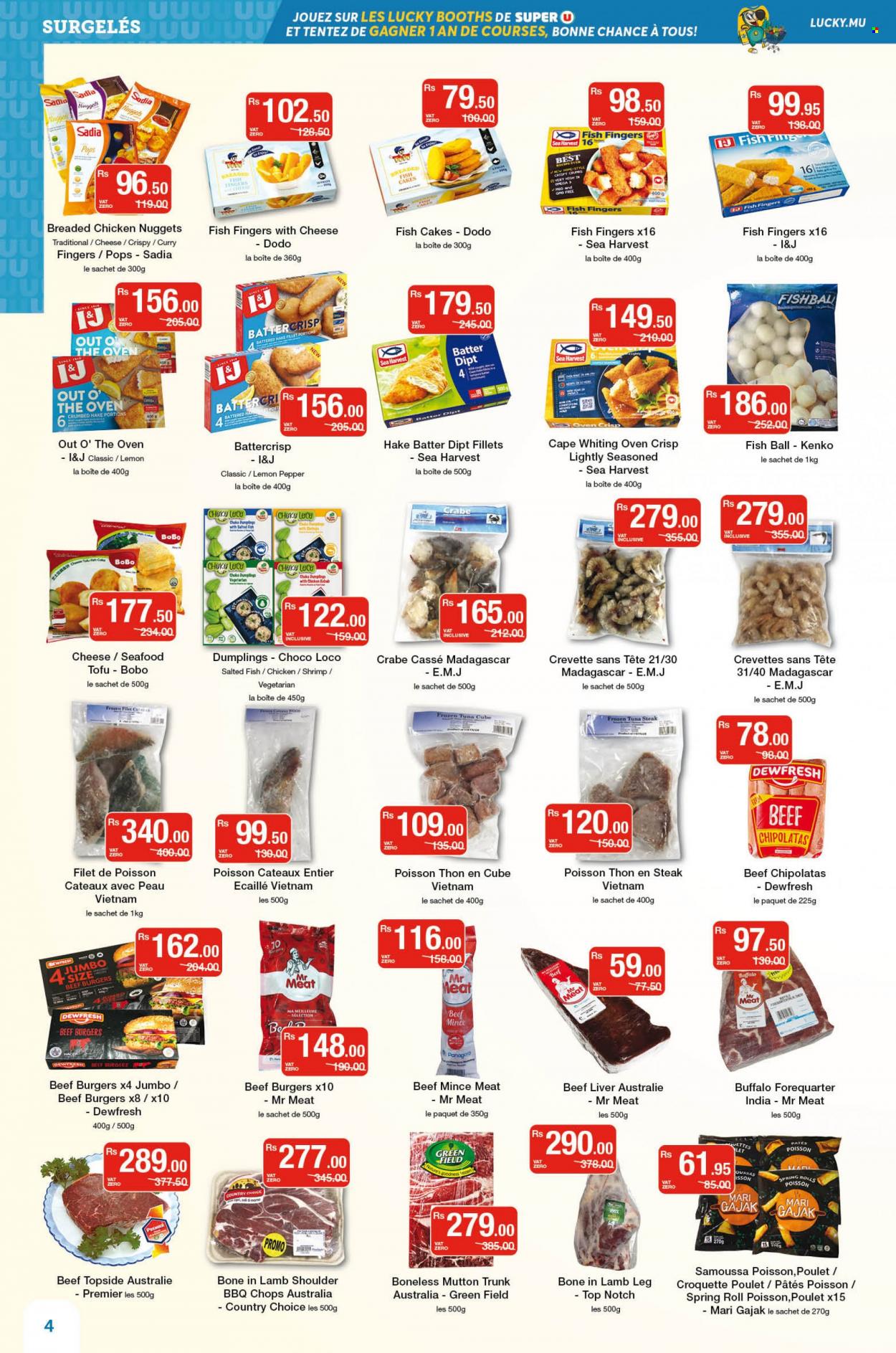 thumbnail - Super U Catalogue - 8.10.2022 - 24.10.2022 - Sales products - chayote, tuna, seafood, hake, shrimps, fish fingers, whiting, Sea Harvest, fish sticks, nuggets, hamburger, fried chicken, chicken nuggets, dumplings, spring rolls, chicken kabobs, beef burger, breaded fish, Out o' the Oven, cheese, tofu, fish cake, tuna steak, beef liver, beef meat, ground beef, lamb meat, lamb shoulder, mutton meat, lamb leg, steak. Page 4.