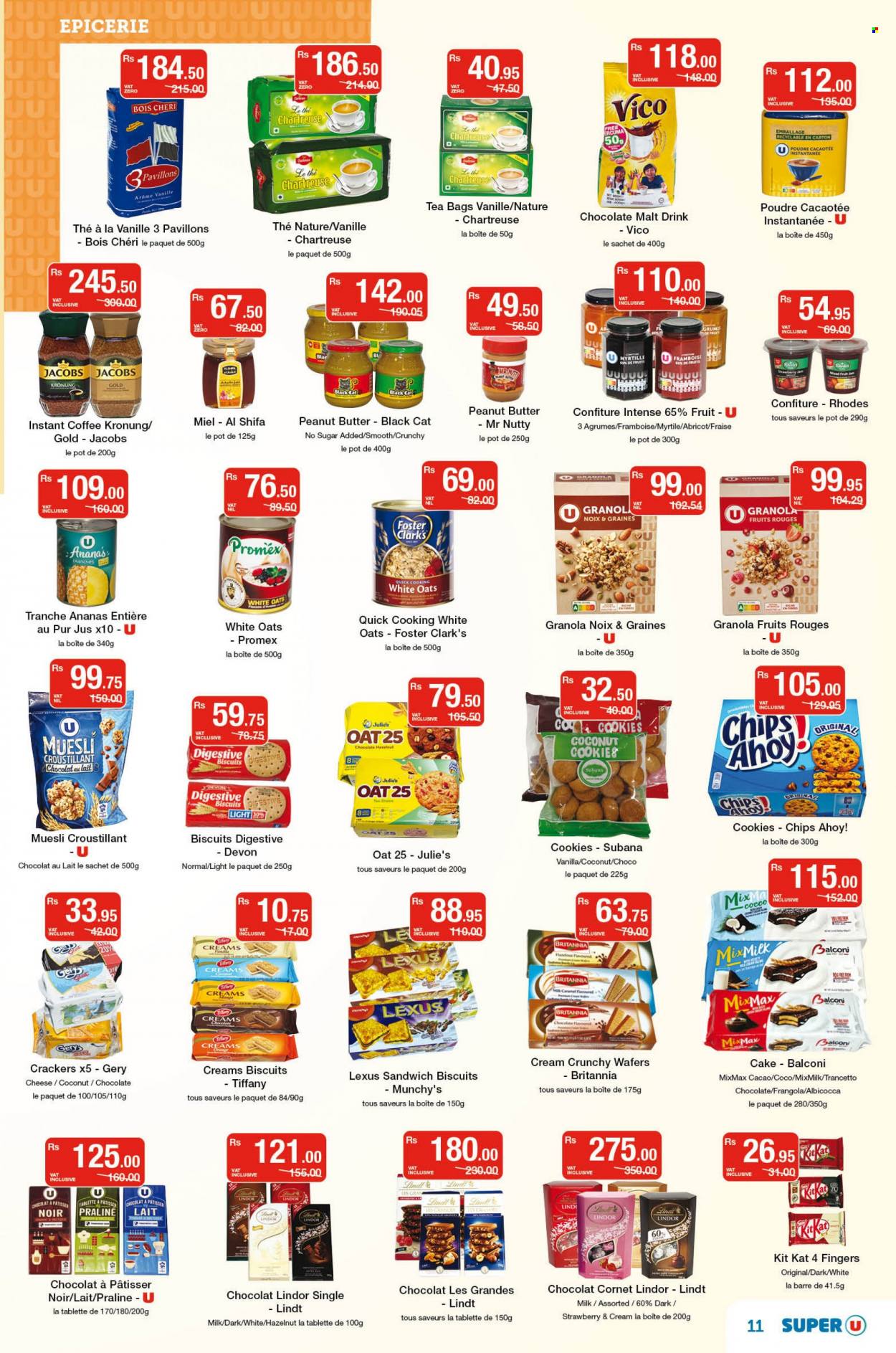 Super U Catalogue - 8.10.2022 - 24.10.2022 - Sales products - cake, sandwich, cheese, cookies, wafers, KitKat, crackers, biscuit, coconut cookies, Julie's, Digestive, Chips Ahoy!, chips, oats, strawberry jam, muesli, jam, peanut butter, tea bags, instant coffee, Jacobs, Jacobs Krönung, pot, granola, Lindt, Lindor, nougat. Page 11.