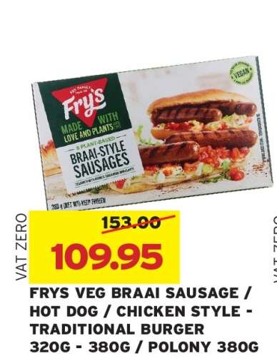 FRYS VEG BRAAI SAUSAGE / HOT DOG / CHICKEN STYLE - TRADITIONAL BURGER 320G - 380G / POLONY 380G