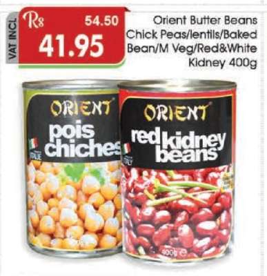 Orient Butter Beans, Chick Peas, Lentils, Baked Beans, Mixed Veg, Red & White Kidney Beans