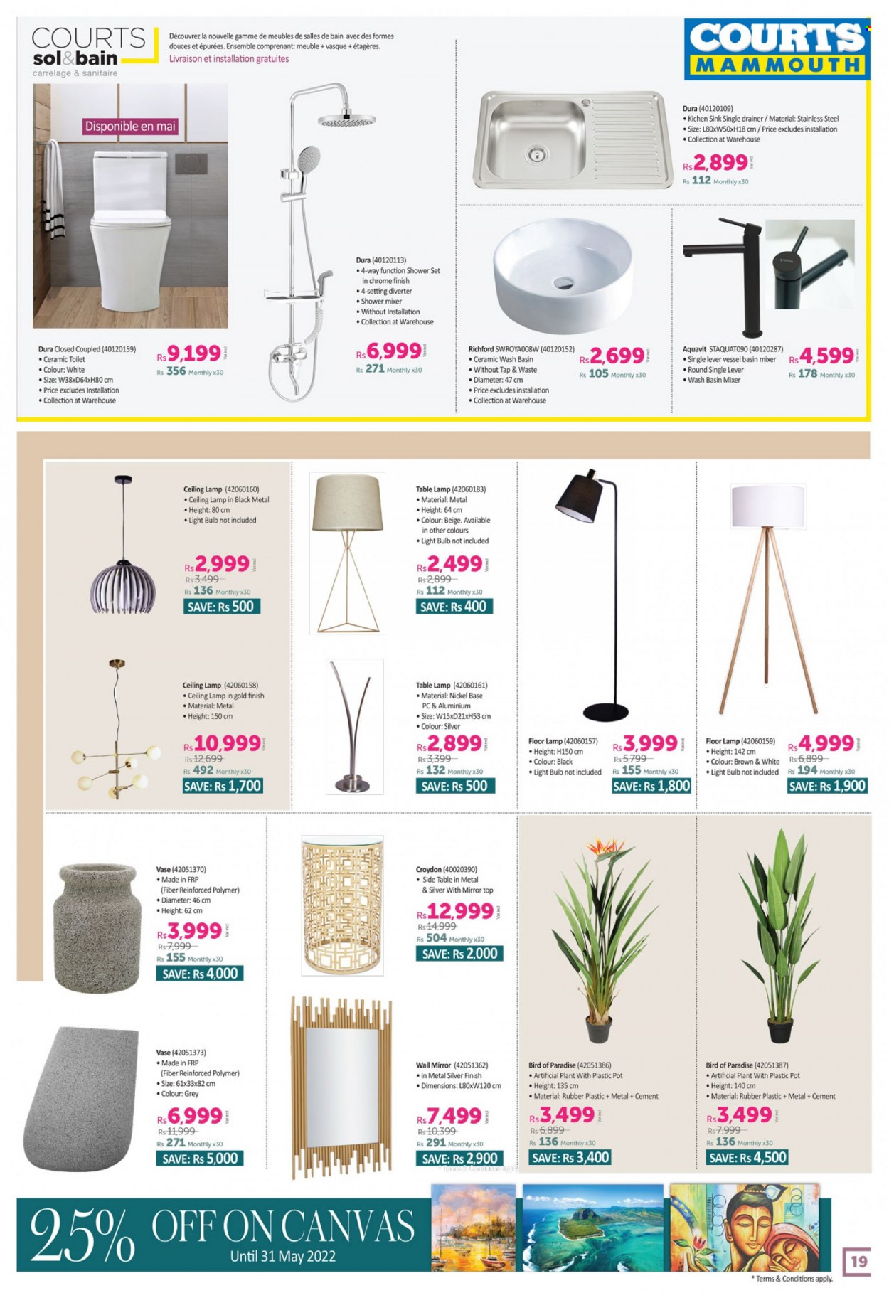 Courts Mammouth Catalogue - 9.05.2022 - 9.06.2022 - Sales products - pot, sidetable, mirror, vase, artificial plants, toilet, shower mixer, basin mixer, sink, lamp, table lamp, ceiling lamp, floor lamp, plant. Page 19.