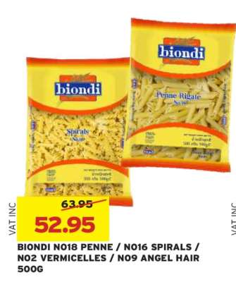 BIONDI N018 PENNE / N016 SPIRALS / N02 VERMICELLES / N09 ANGEL HAIR 500G