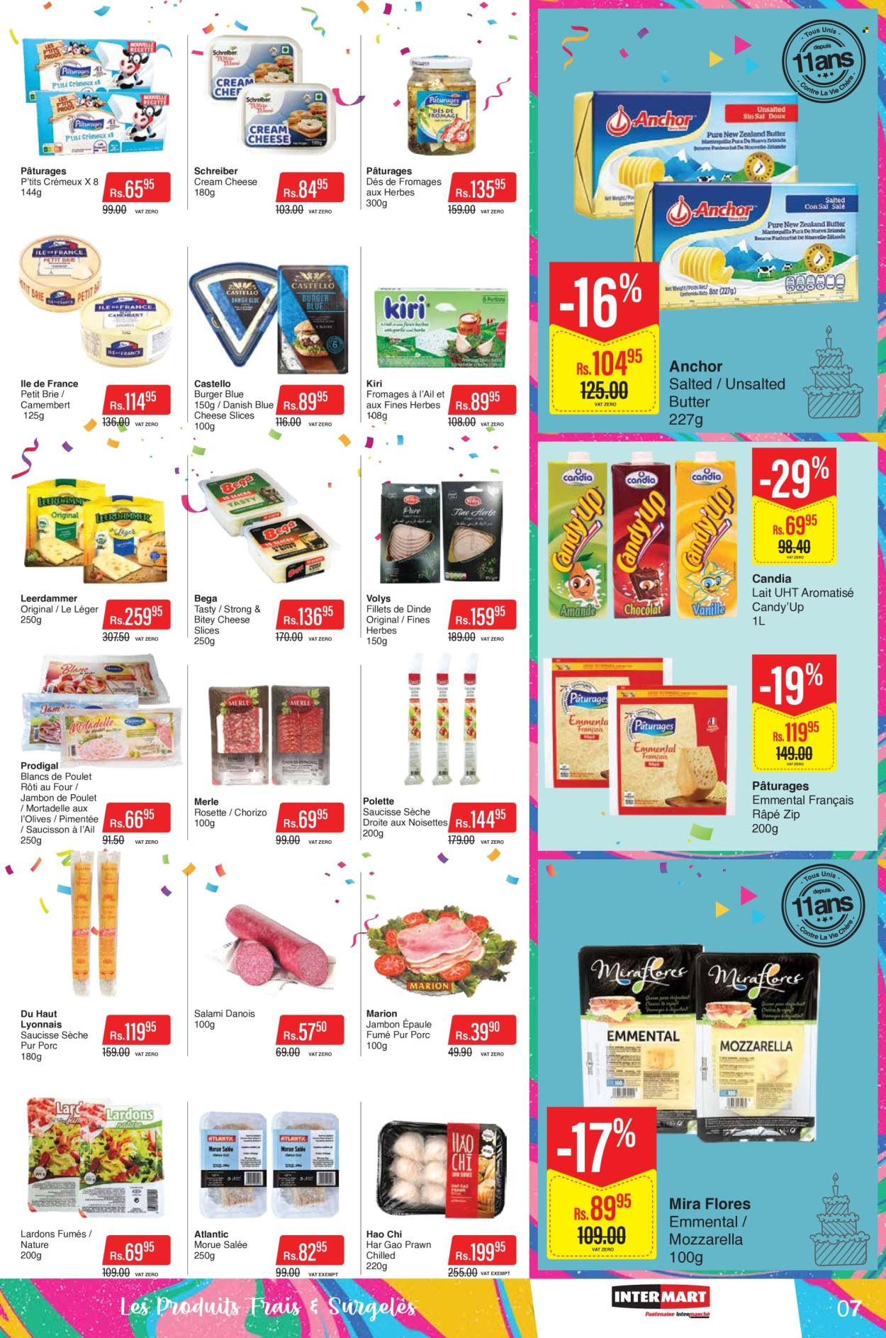 Intermart Catalogue - 21.10.2022 - 7.11.2022 - Sales products - prawns, hamburger, salami, cream cheese, sliced cheese, cheese, brie cheese, Kiri, Anchor, camembert, mozzarella, olives, chorizo. Page 7.