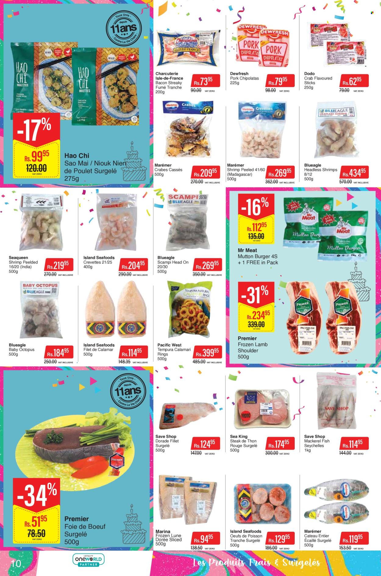 thumbnail - Intermart Catalogue - 21.10.2022 - 7.11.2022 - Sales products - calamari, mackerel, octopus, crab, fish, shrimps, hamburger, bacon, lamb meat, lamb shoulder, mutton meat, steak. Page 10.