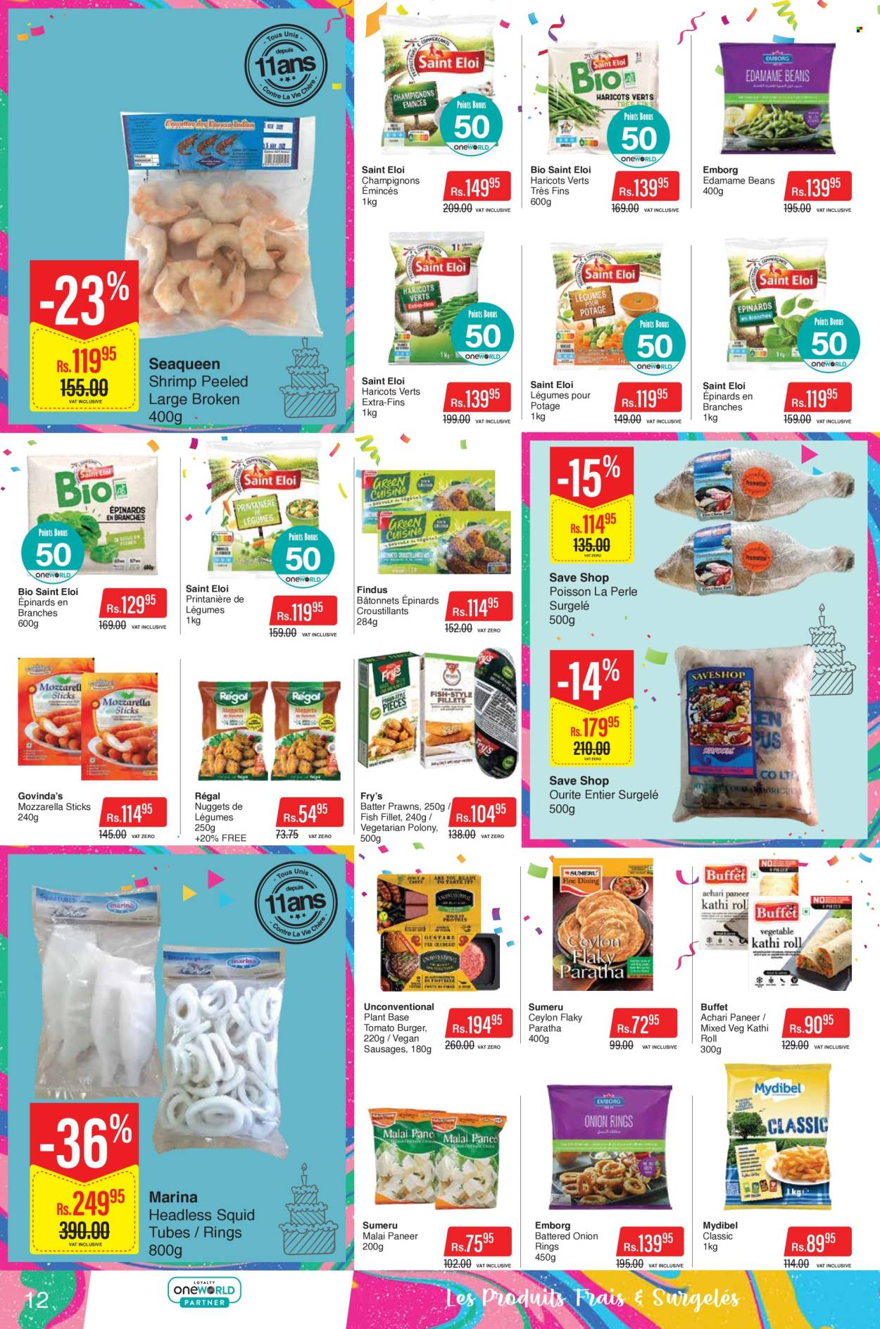 thumbnail - Intermart Catalogue - 21.10.2022 - 7.11.2022 - Sales products - beans, Edamame, fish fillets, squid, prawns, fish, shrimps, onion rings, nuggets, hamburger, polony, sausage, paneer, mozzarella. Page 12.