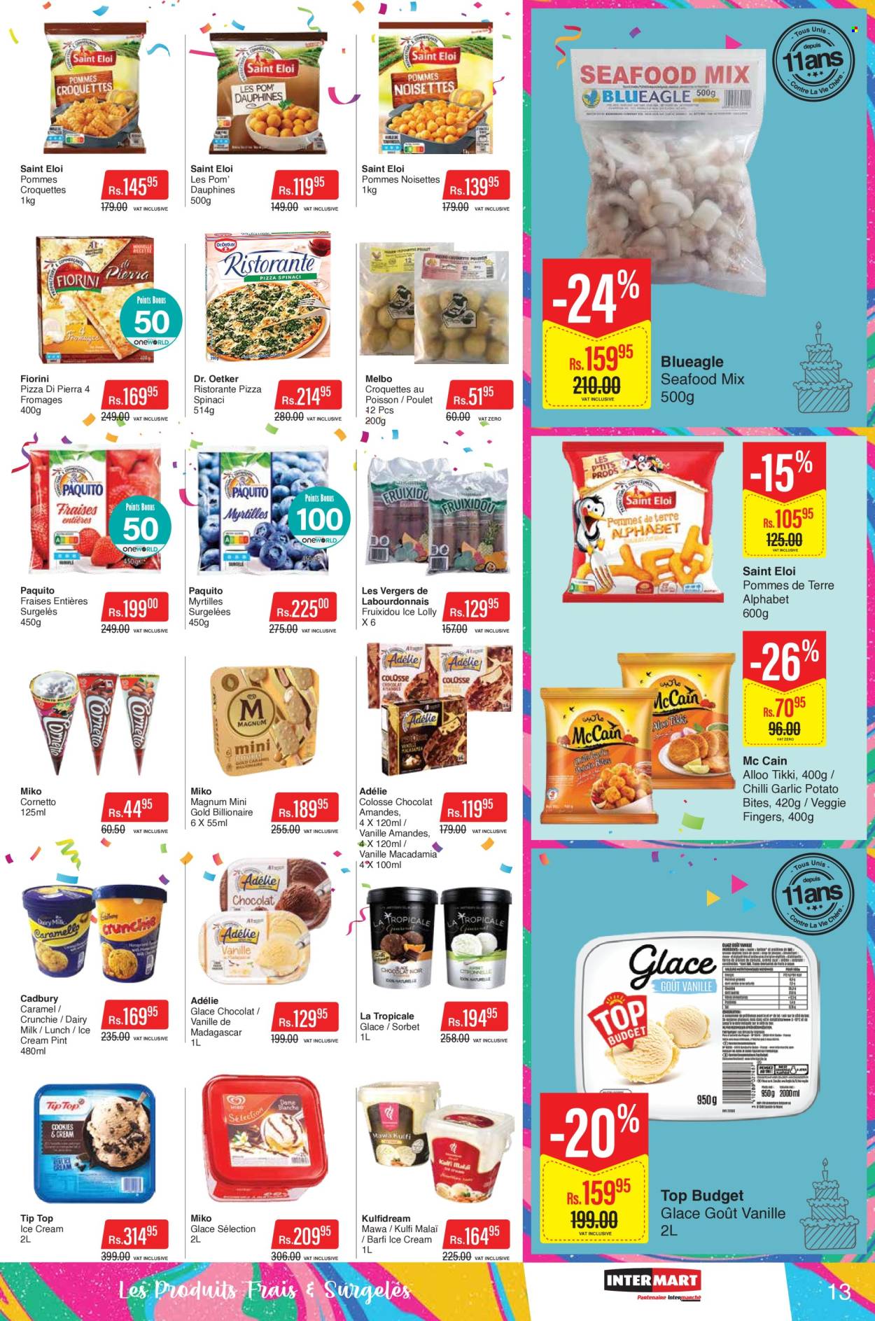 thumbnail - Intermart Catalogue - 21.10.2022 - 7.11.2022 - Sales products - Tip Top, seafood, pizza, Dr. Oetker, Magnum, ice cream, Cornetto, potato croquettes, lollipop, Cadbury, Dairy Milk, macadamia nuts. Page 13.