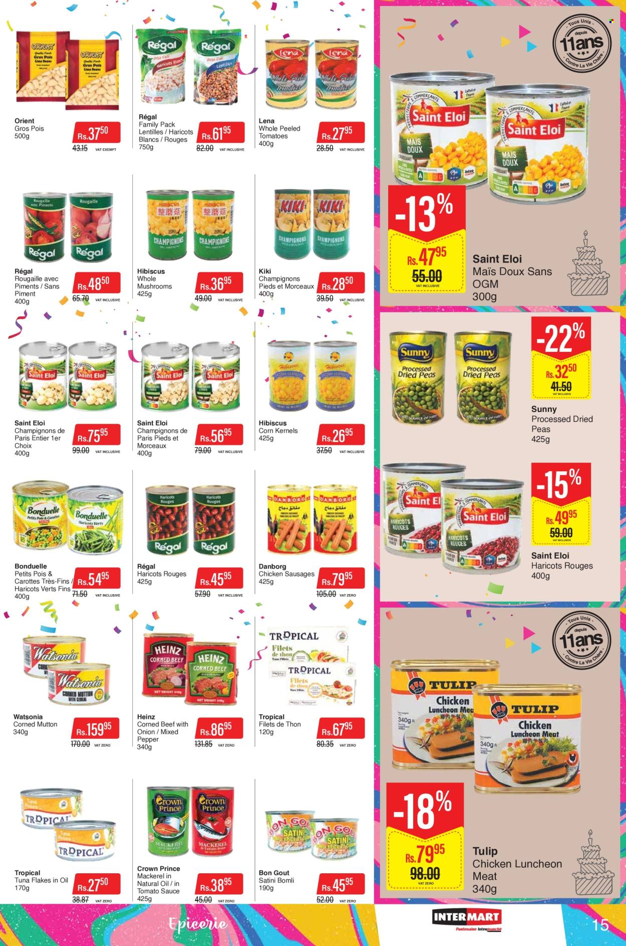 thumbnail - Intermart Catalogue - 21.10.2022 - 7.11.2022 - Sales products - mushrooms, corn, tomatoes, peas, onion, mackerel, tuna, sausage, lunch meat, corned beef, pepper, beef meat, mutton meat, Heinz. Page 15.