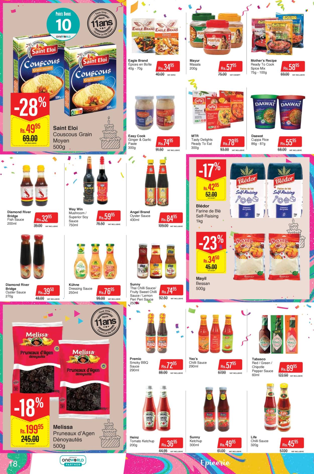 thumbnail - Intermart Catalogue - 21.10.2022 - 7.11.2022 - Sales products - oysters, fish, MTR, tabasco, rice, pepper, spice, BBQ sauce, fish sauce, soy sauce, oyster sauce, chilli sauce, dressing, sweet chilli sauce, peri peri sauce, garlic paste, couscous, Heinz, ketchup. Page 18.