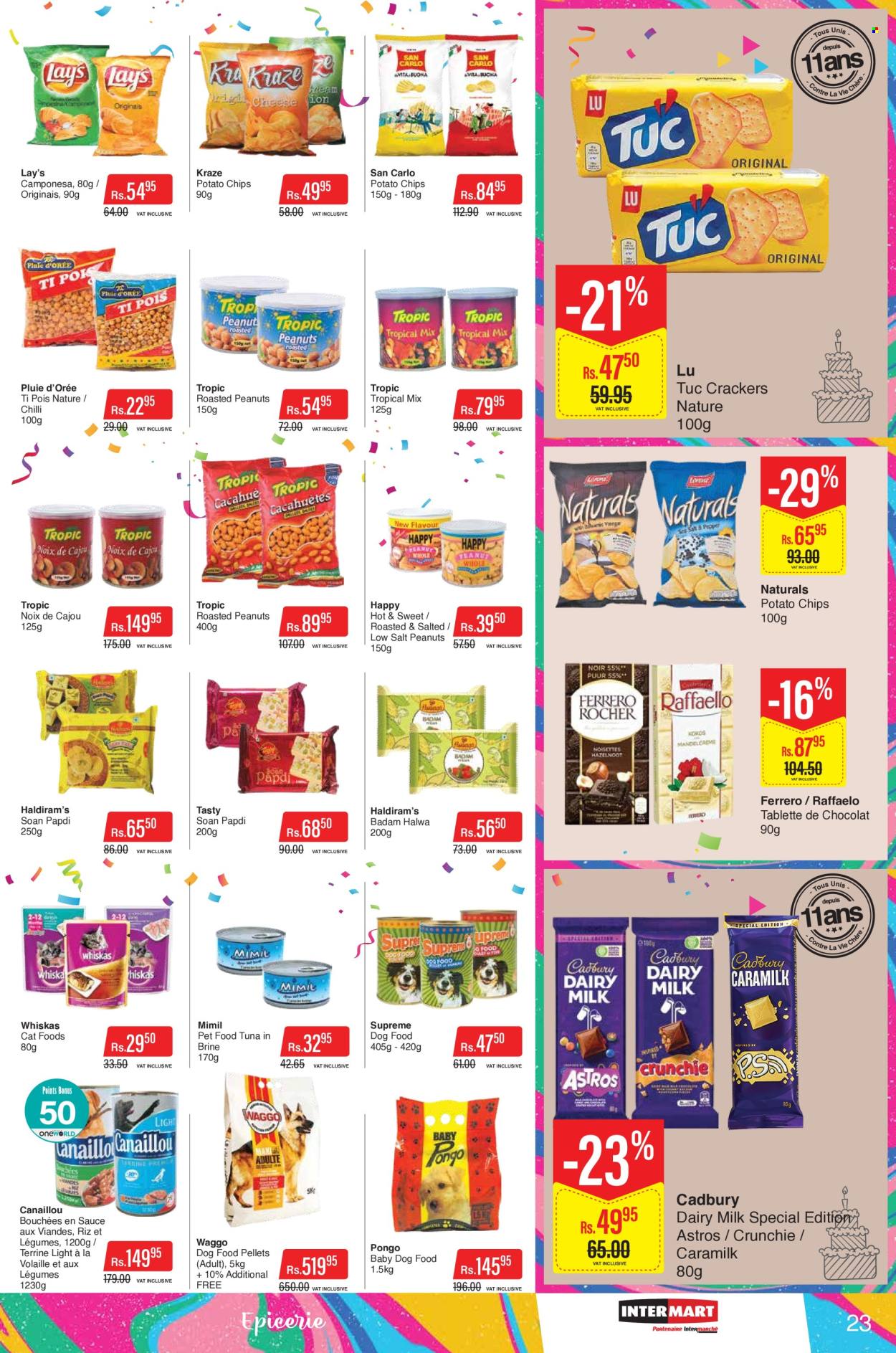 thumbnail - Intermart Catalogue - 21.10.2022 - 7.11.2022 - Sales products - crackers, Cadbury, Dairy Milk, potato chips, chips, Lay’s, roasted peanuts, peanuts, animal food, dog food, Whiskas, Ferrero Rocher. Page 23.