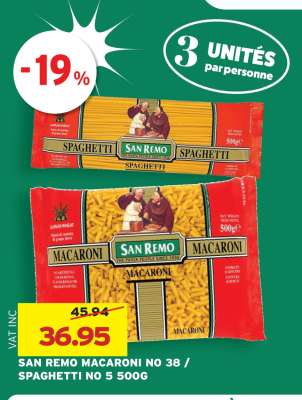 SAN REMO MACARONI NO 38 / SPAGHETTI NO 5 500G